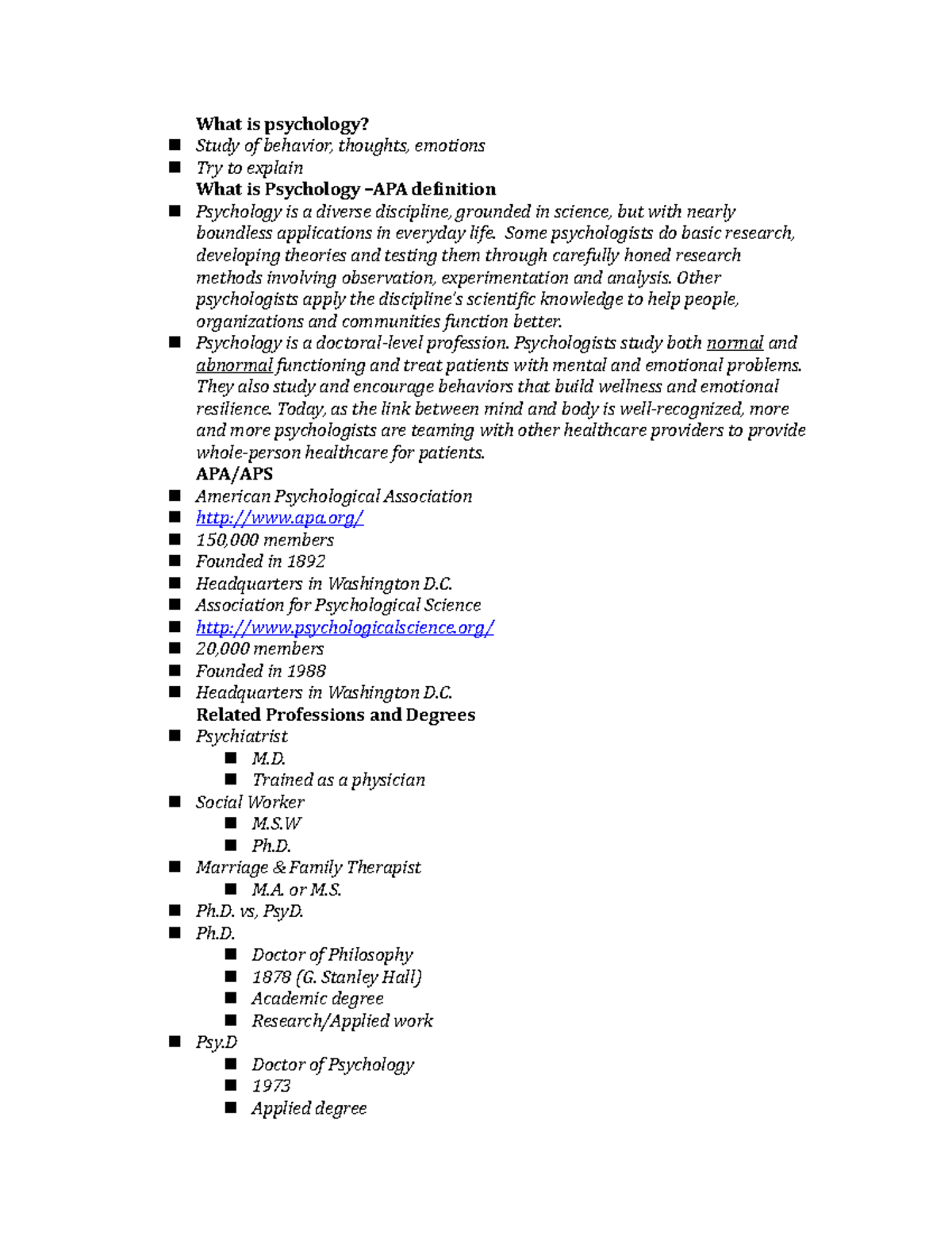 Psych Lecture Notes - What Is Psychology? Study Of Behavior, - Studocu