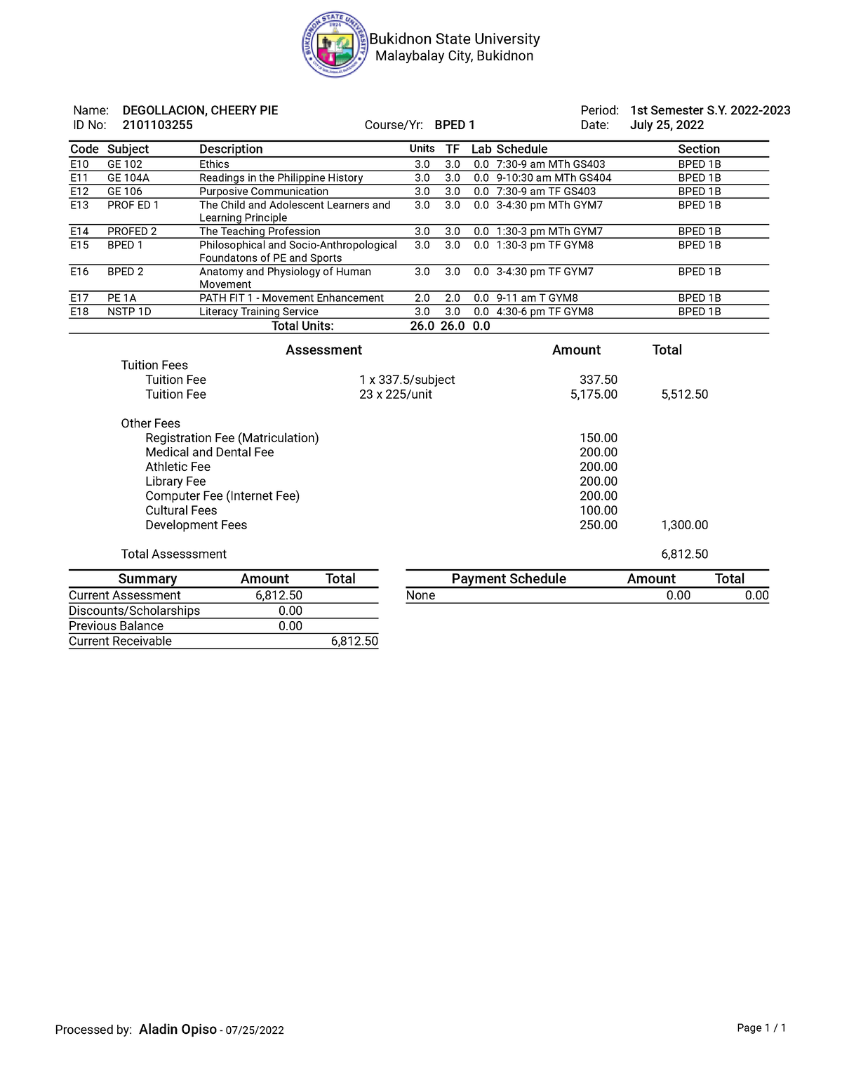 Certificate Of Registration (COR) - Name: DEGOLLACION, CHEERY PIE ...