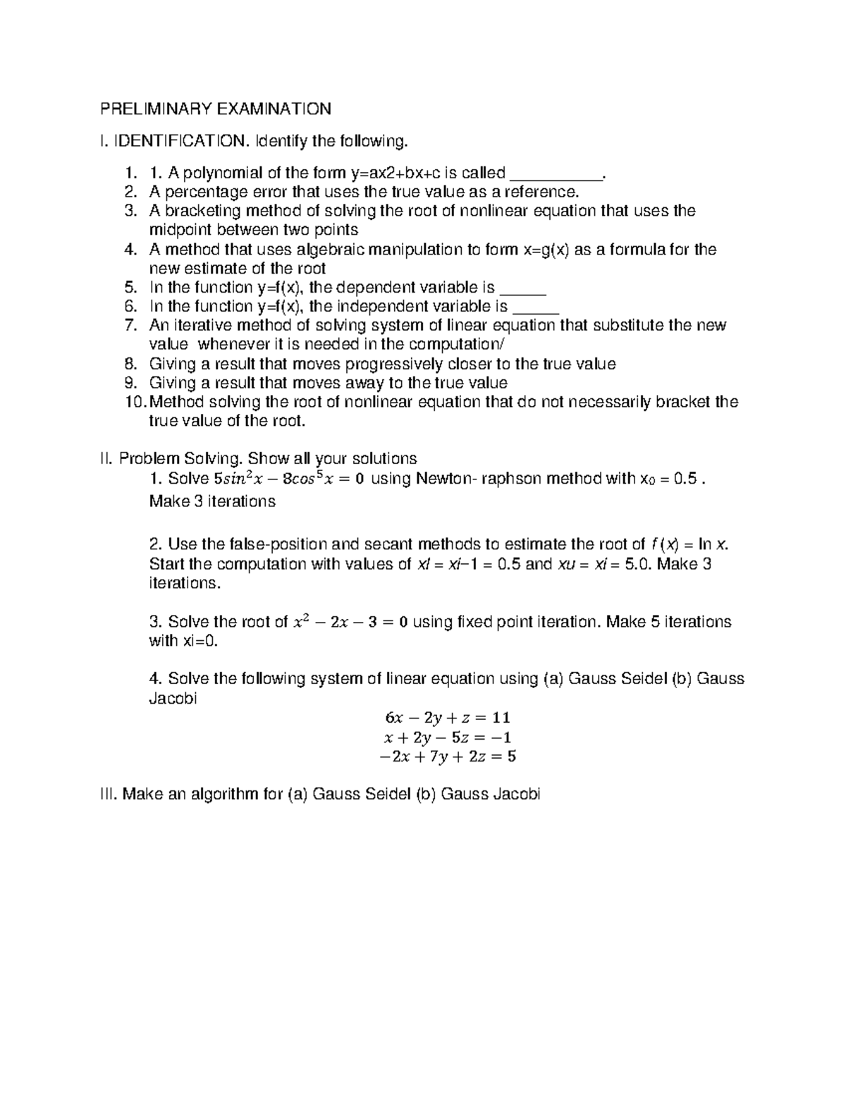 1 copy - Multiple choice question - PRELIMINARY EXAMINATION I ...