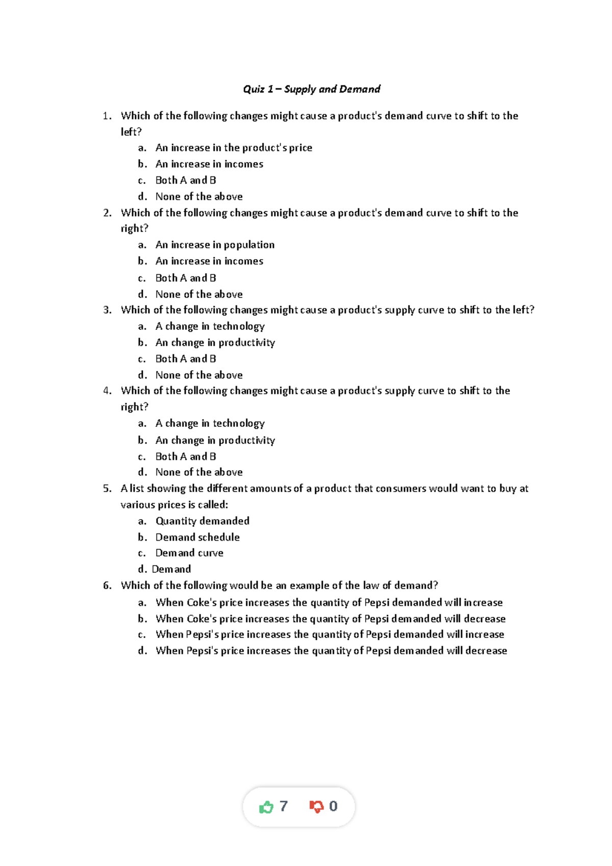Supplyanddemandquestionsandanswers compress Quiz 1 Supply and Demand Which of the