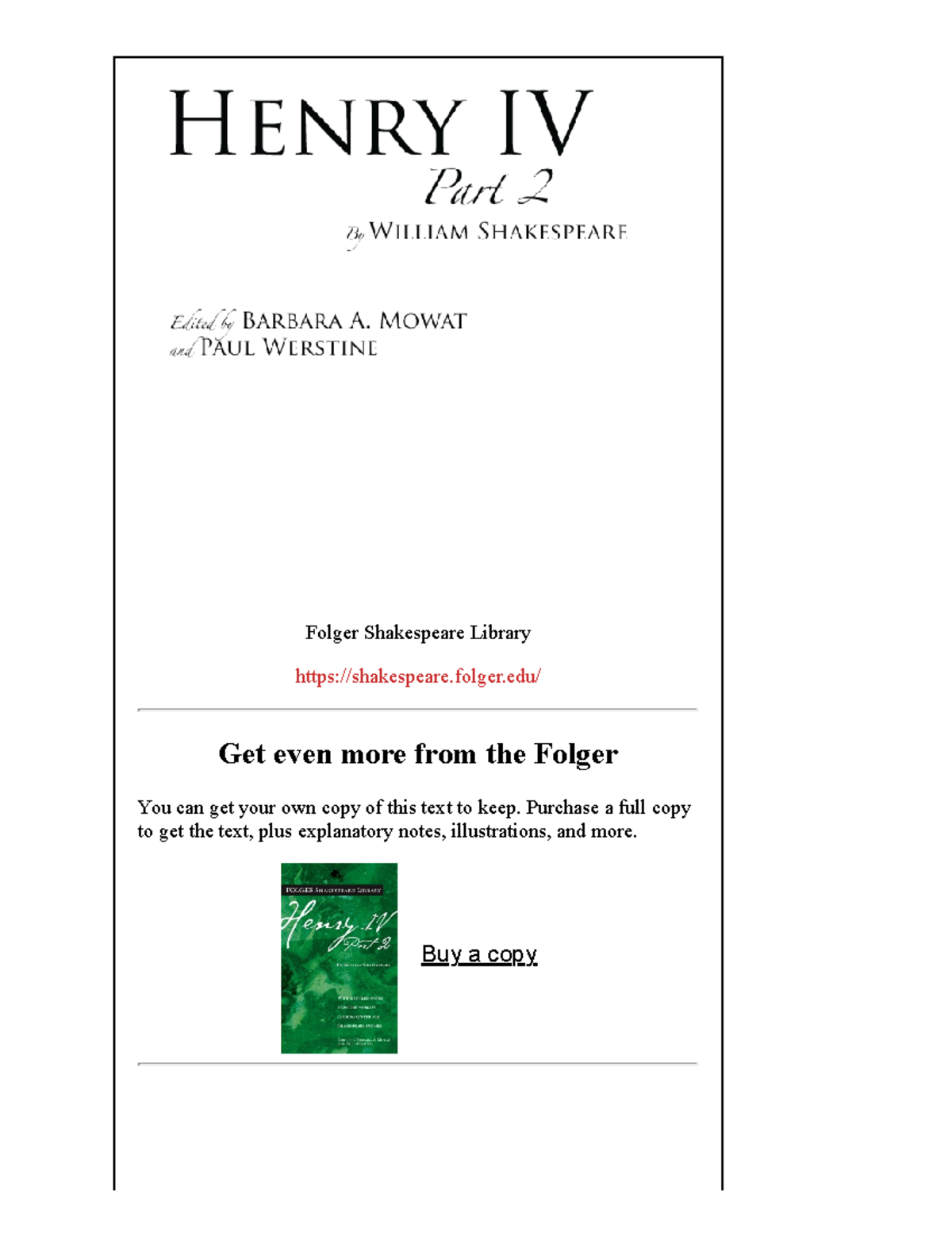 Henryivpart2 PDF Folger Shakespeare Get even more from the Folger You can get your own copy