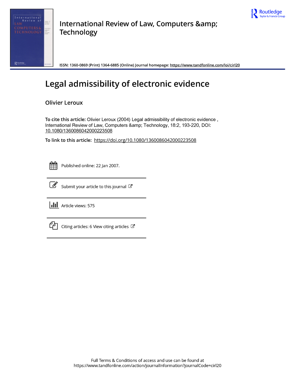 Legal Admissibility Of Electronic Evidence Article - Full Terms ...