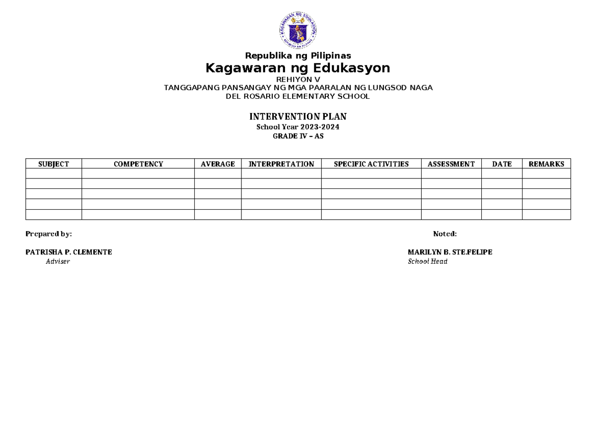 Intervention PLAN - General Education - Republika ng Pilipinas ...