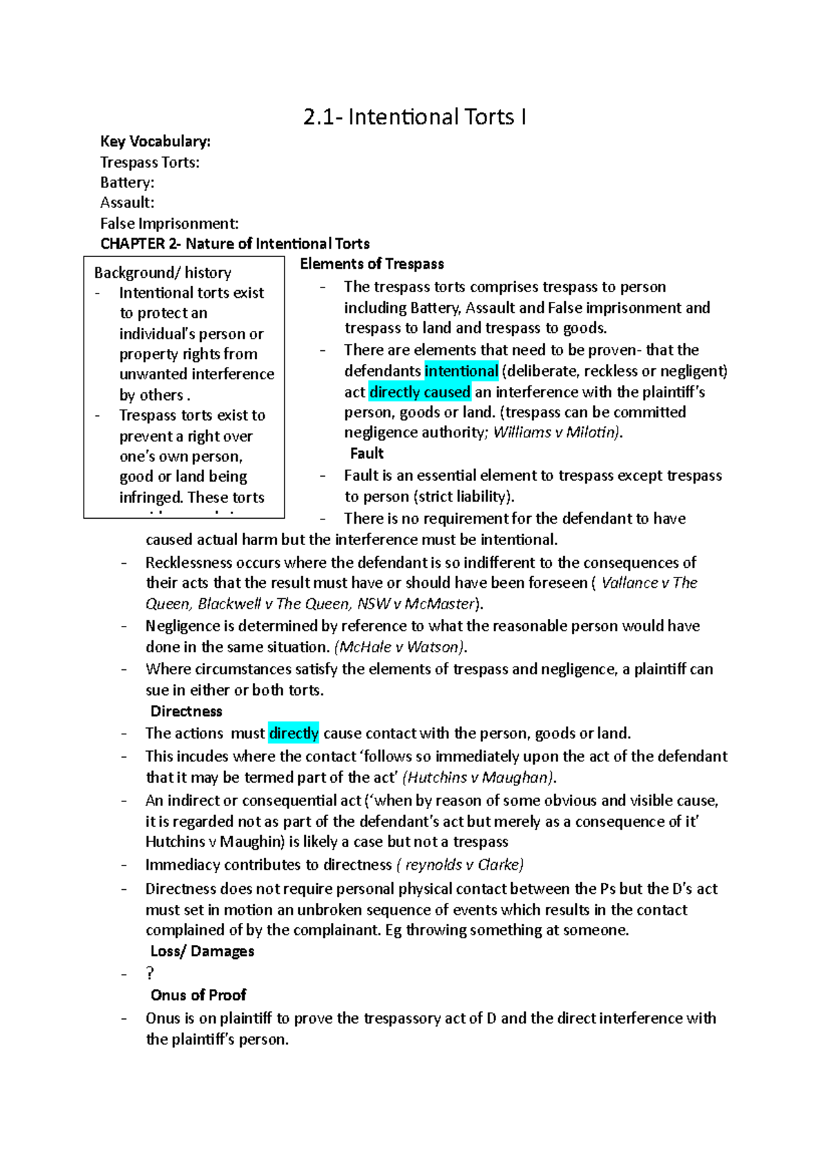 Torts Notes and class questions- Week 2 - 2- Intentional Torts I Key Vocabulary: Trespass Torts ...