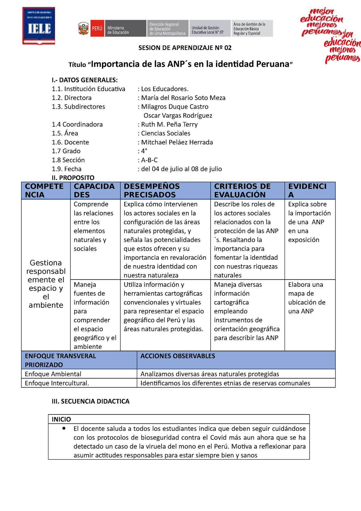 Actividad 4.3 -4 Año - Sesion De Aprendizaje Para Clase De Ciencias ...