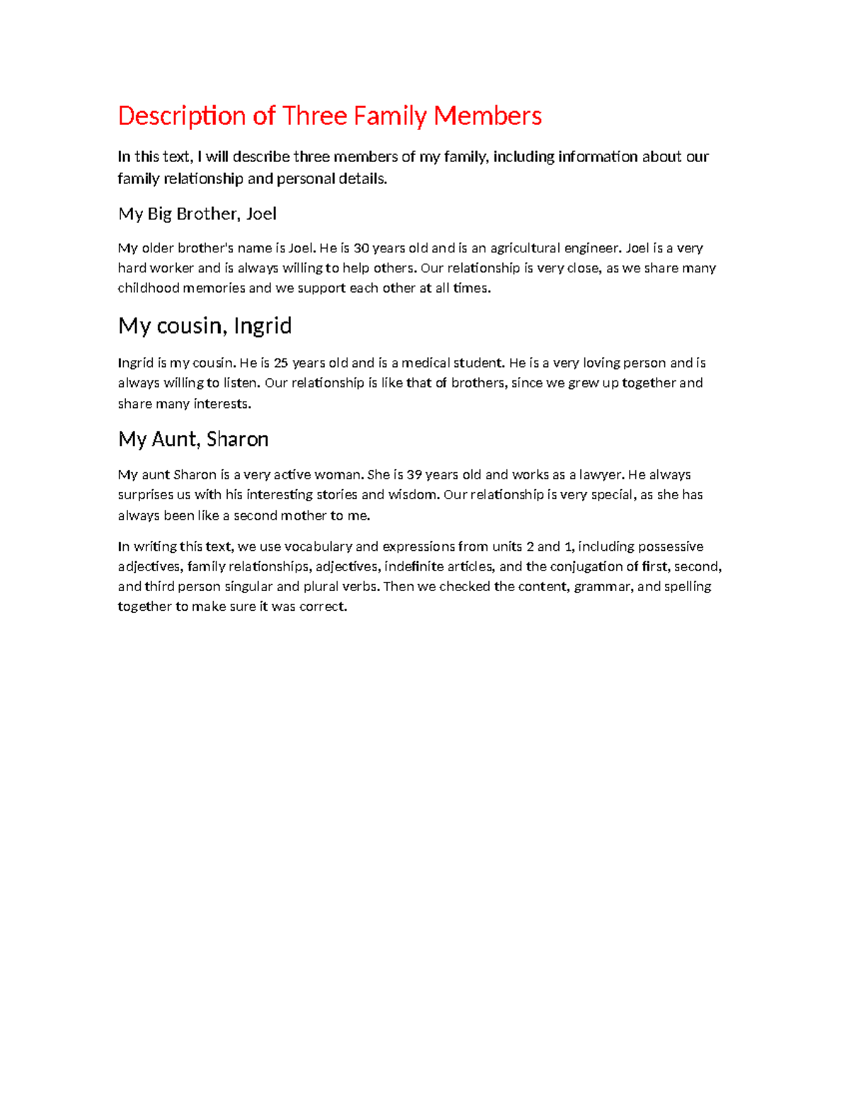 Description of Three Family Members - My Big Brother, Joel My older ...