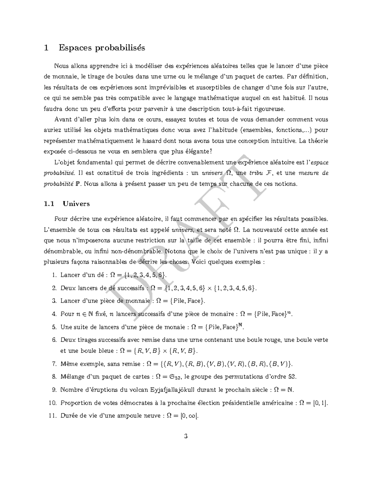 1- Espaces Probabilisés - DRAFT 1 Espaces Probabilis ́es Nous Allons ...