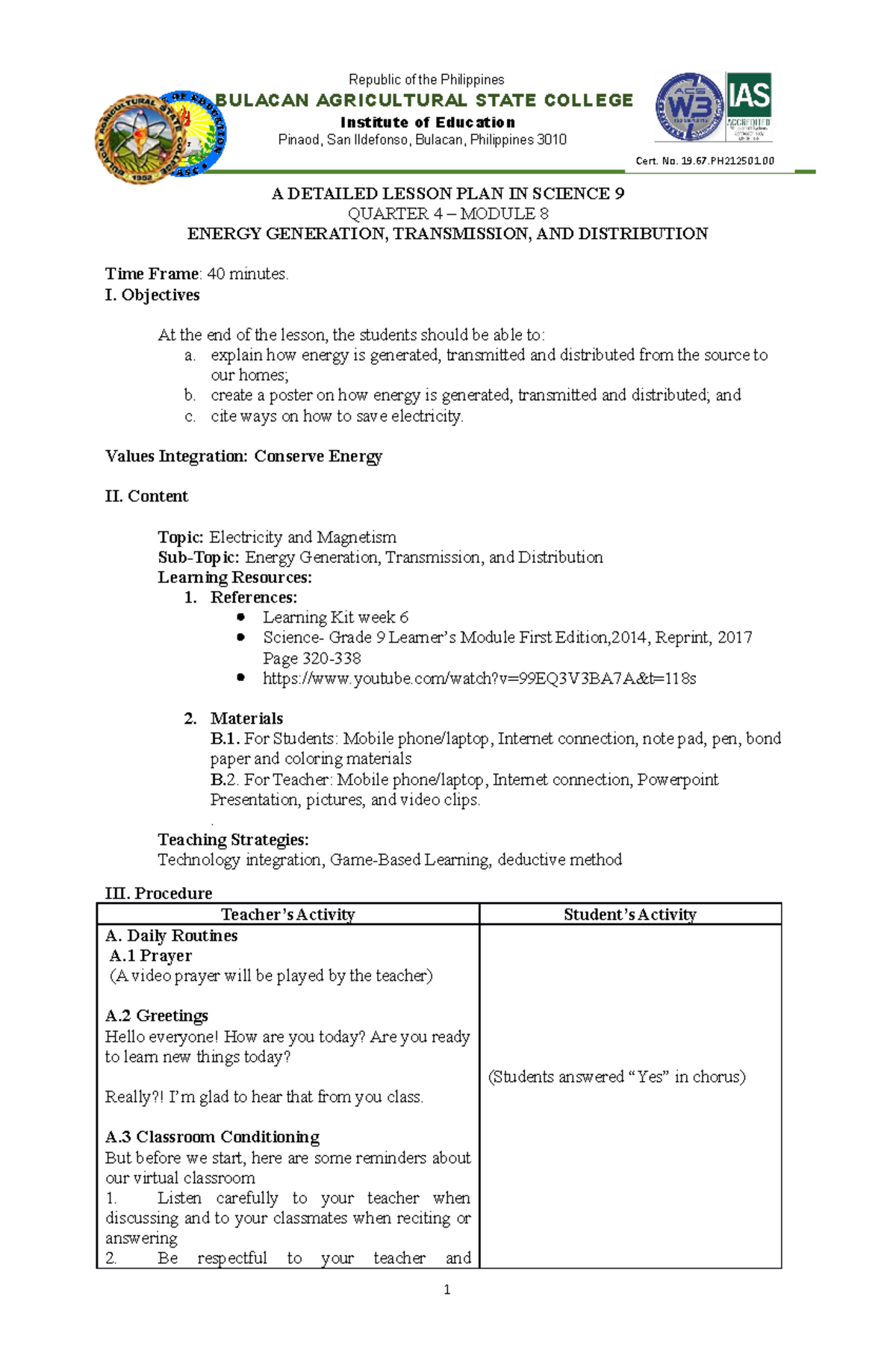 JEAN Grace EG,T,D Detailed Lesson PLAN - BULACAN AGRICULTURAL STATE ...