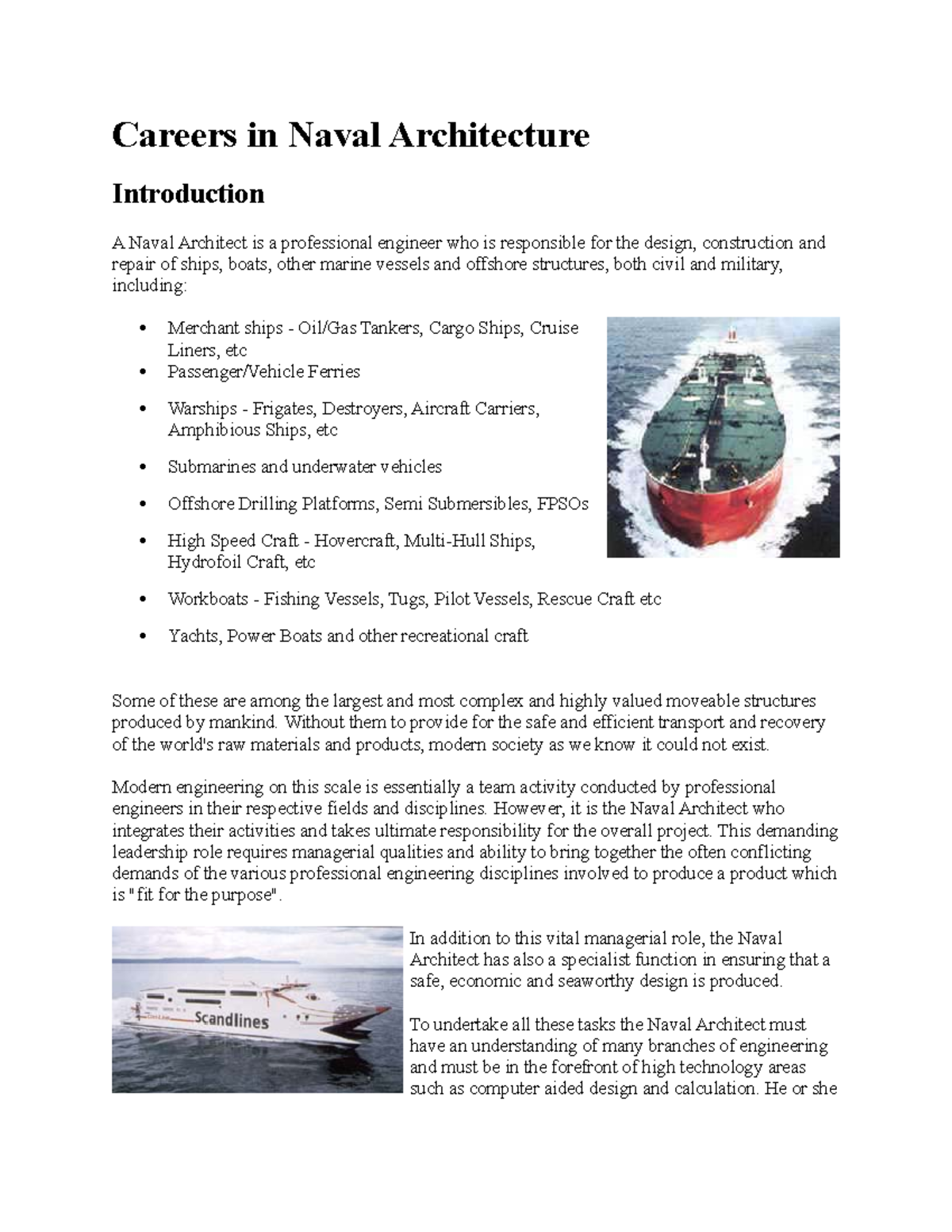 1.0 Careers in Naval Architecture Careers in Naval Architecture