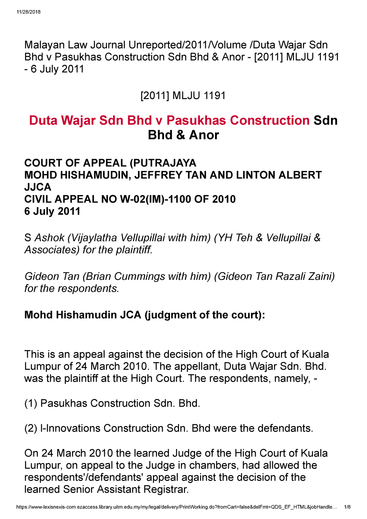 Duta Wajar Sdn Bhd V Pasukhs Construction Sdn Bhd Anor Malayan Law Journal Studocu