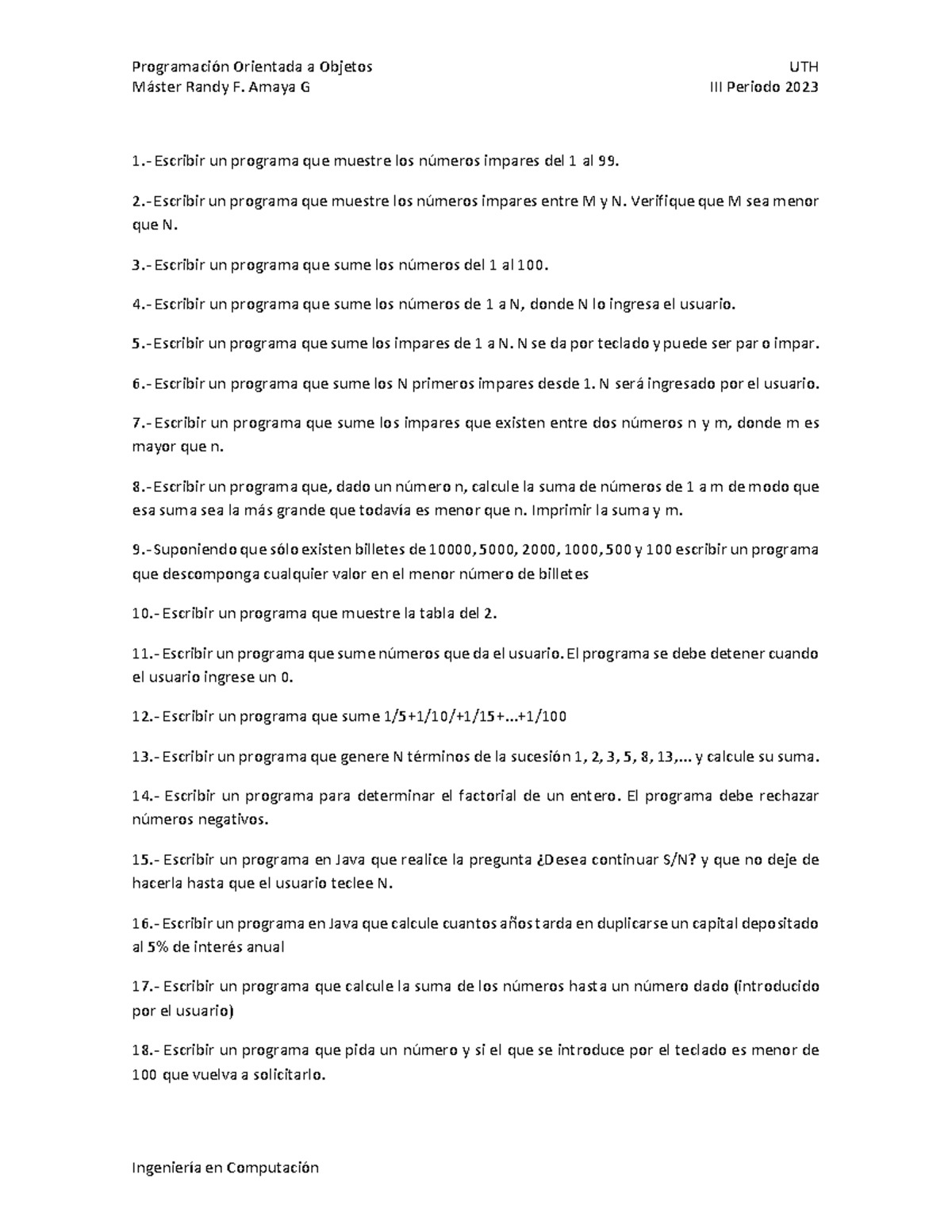 Guia de Ejercicios Ciclos - POO - Programación Orientada a Objetos UTH ...
