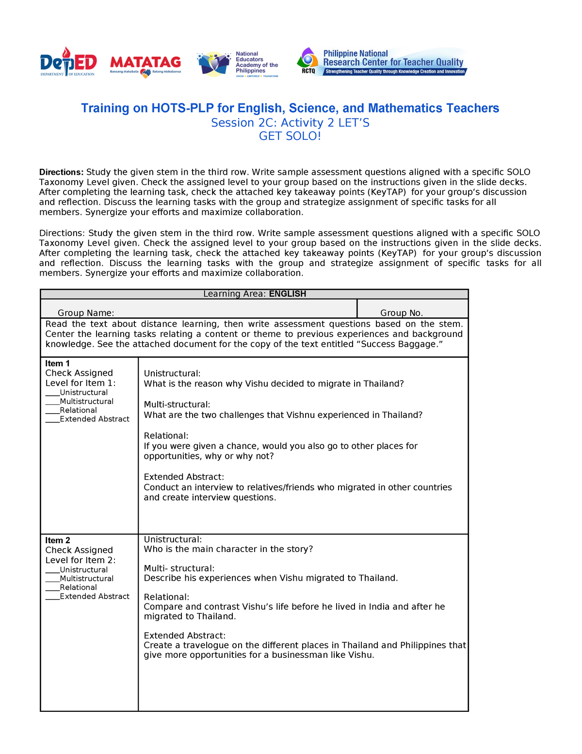 2C Worksheet 1 - Training on HOTS-PLP for English, Science, and ...