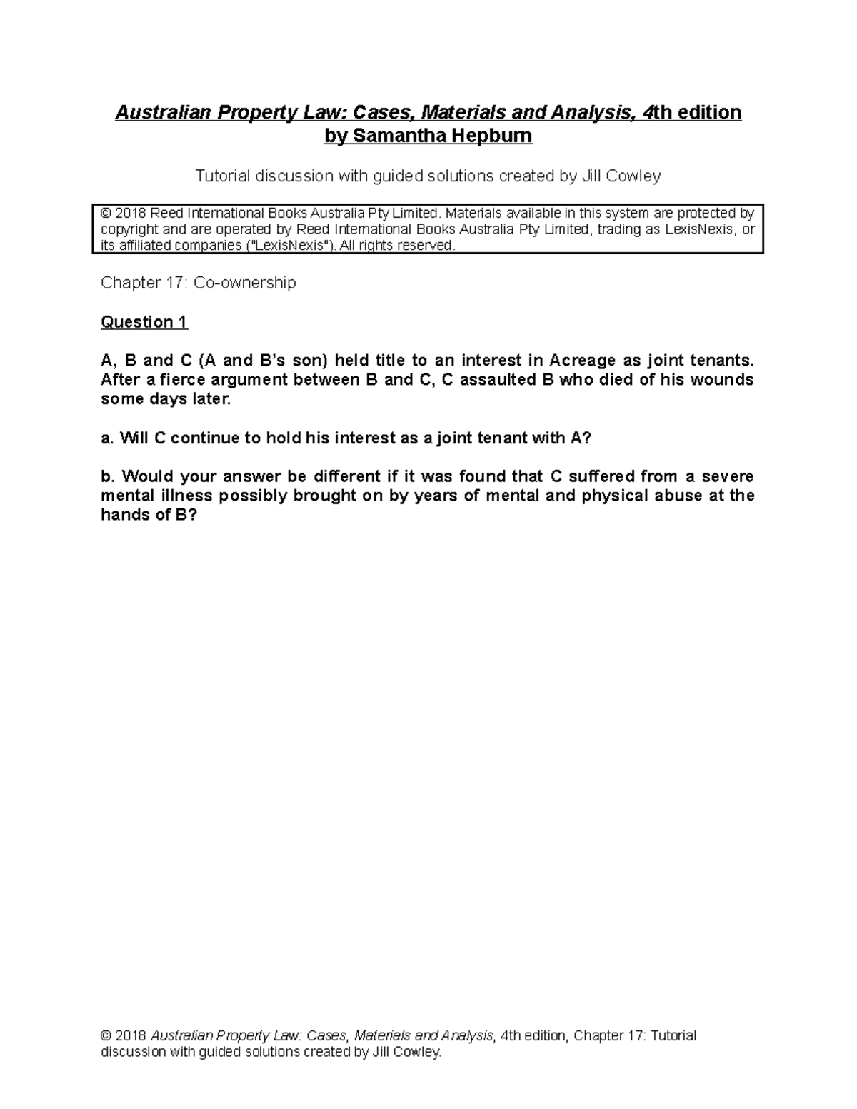 S7 Property Session 7 Quiz question Australian Property Law Cases, Materials and Analysis