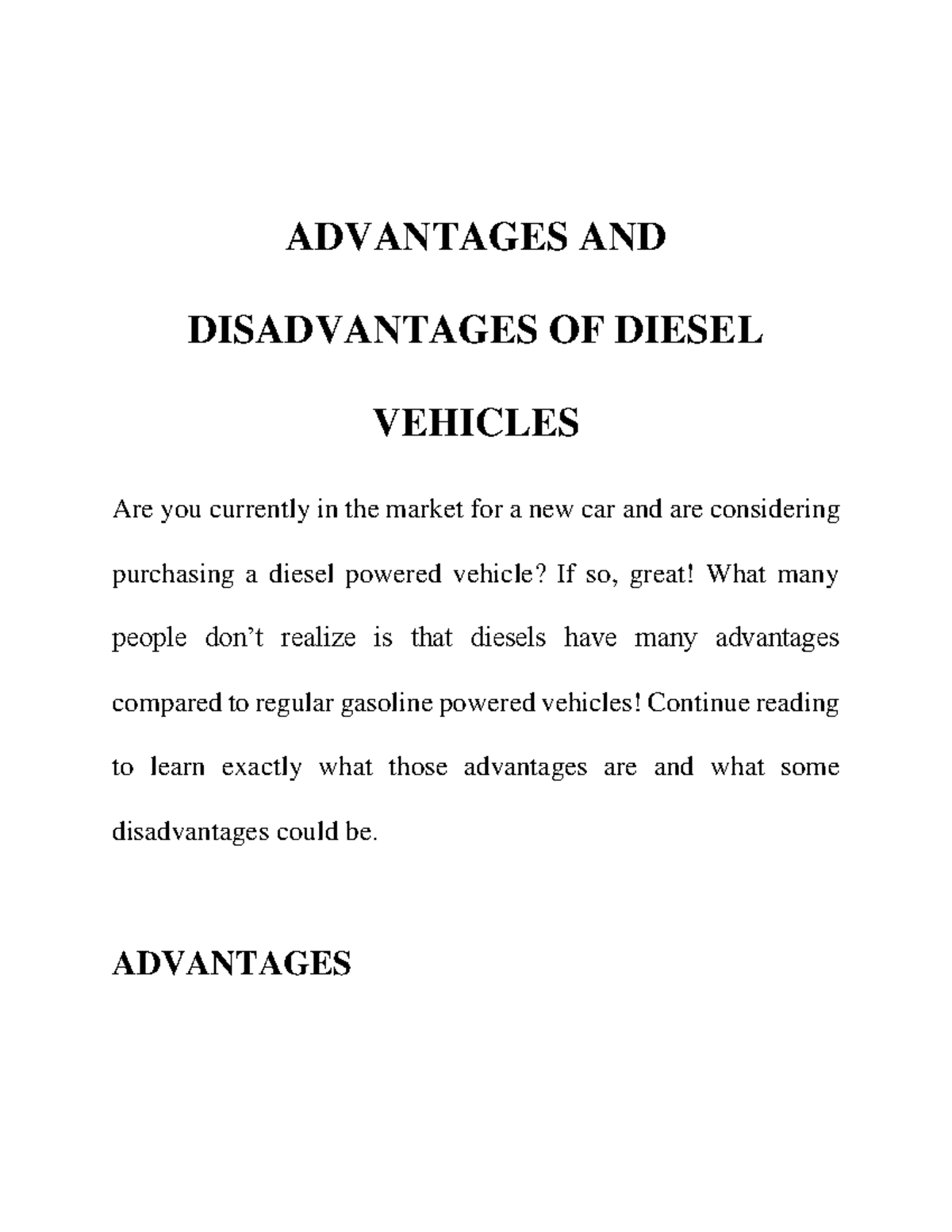 Advantages And Disadvantages Of Diesel Vehicles ADVANTAGES AND
