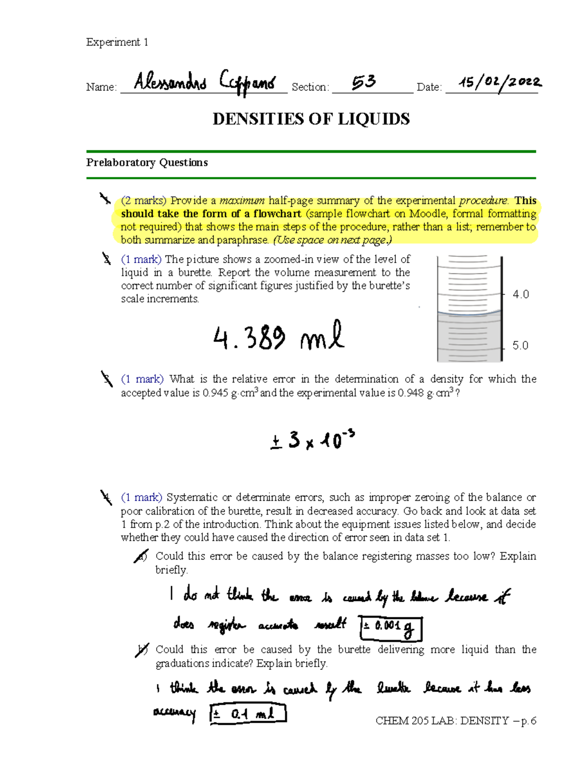 Densities of Liquids Experiment Studocu
