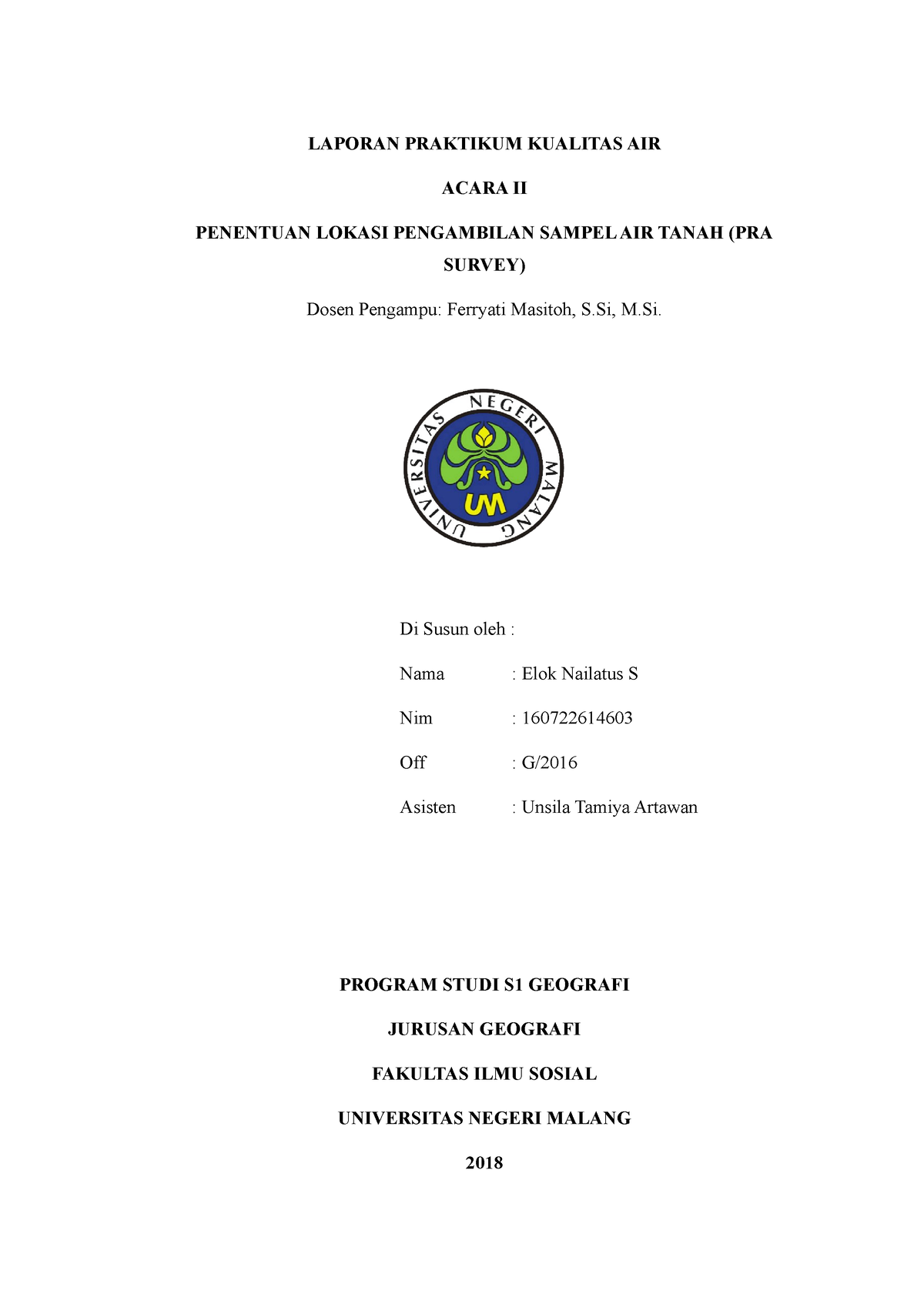 Laporan Praktikum Kualitas AIR Acara II - LAPORAN PRAKTIKUM KUALITAS ...