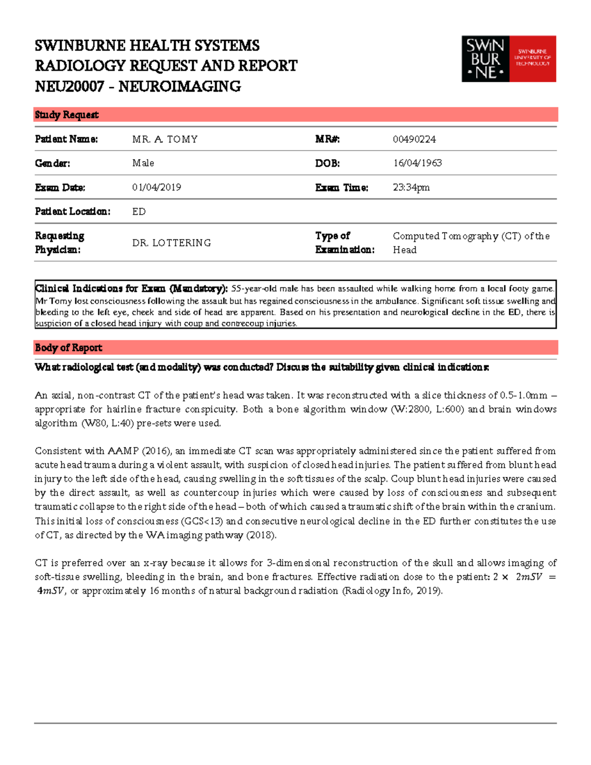 Radiology Report Assignment 1 Hd Example Swinburne Health Systems Radiology Request And 7021