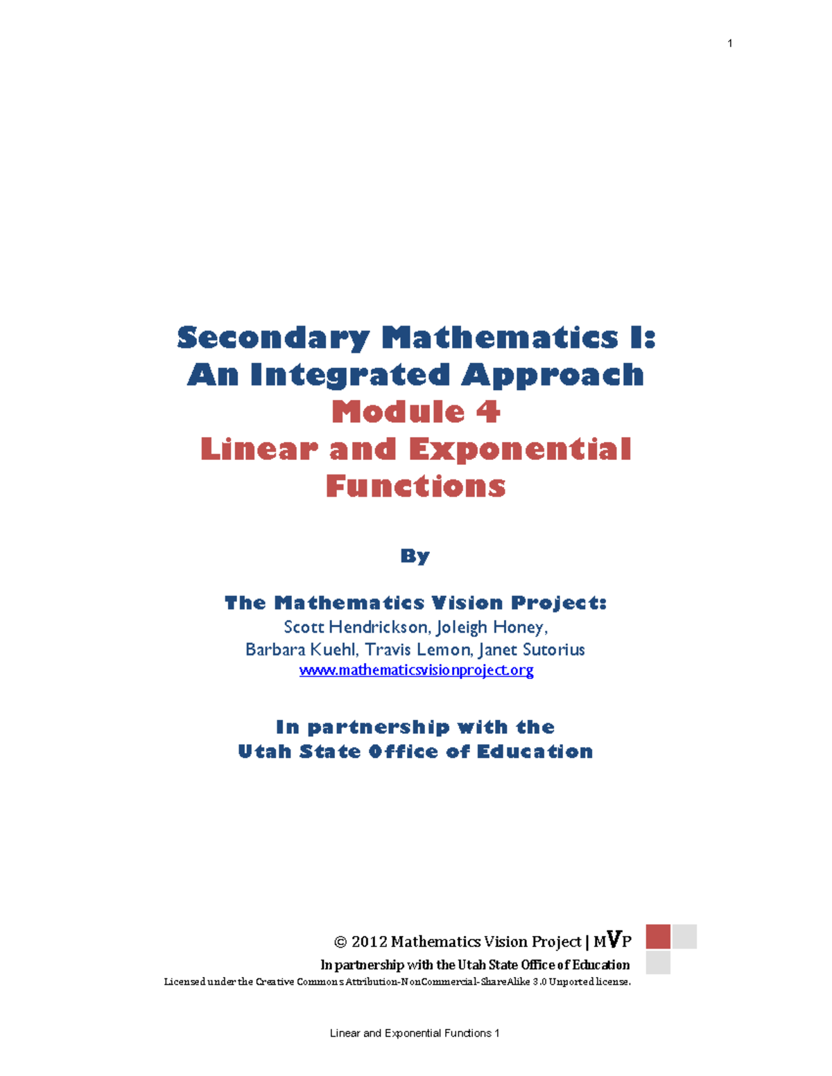 Unit - Linear And Exponential Functions from Mathemtcis Vision Project ...