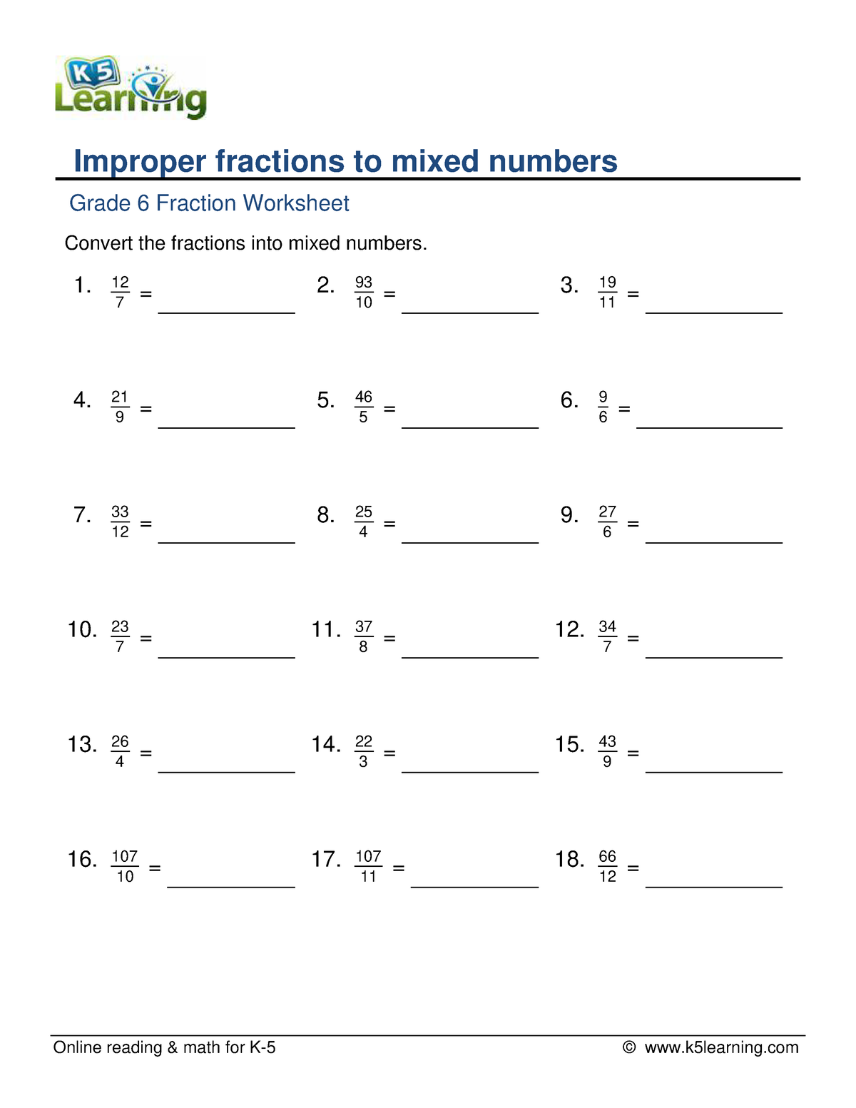 Grade 6 converting fractions to mixed numbers easy a - Online reading ...