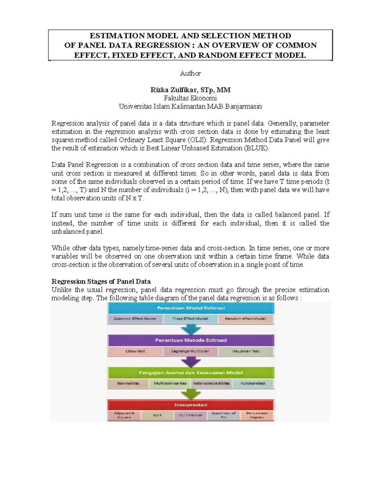 Regression Analysis of Panel Data - ESTIMATION MODEL AND SELECTION ...