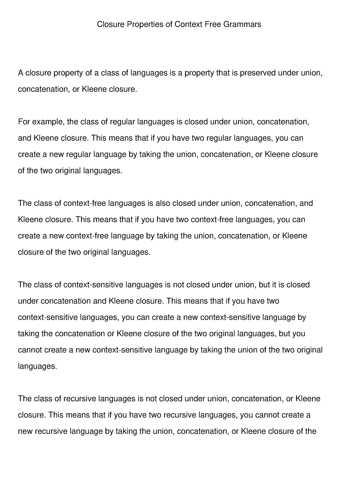 Closure Properties of Context Free Grammars For example the