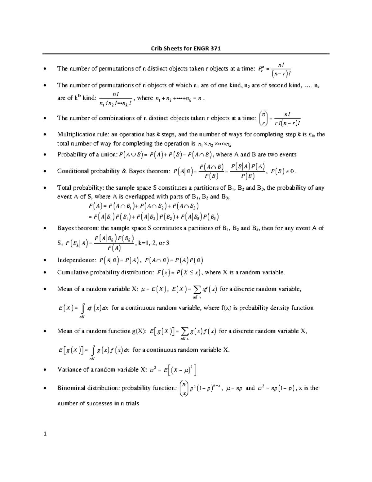 Formula sheet - Crib Sheets for ENGR 371 n! (n r )! The number of ...