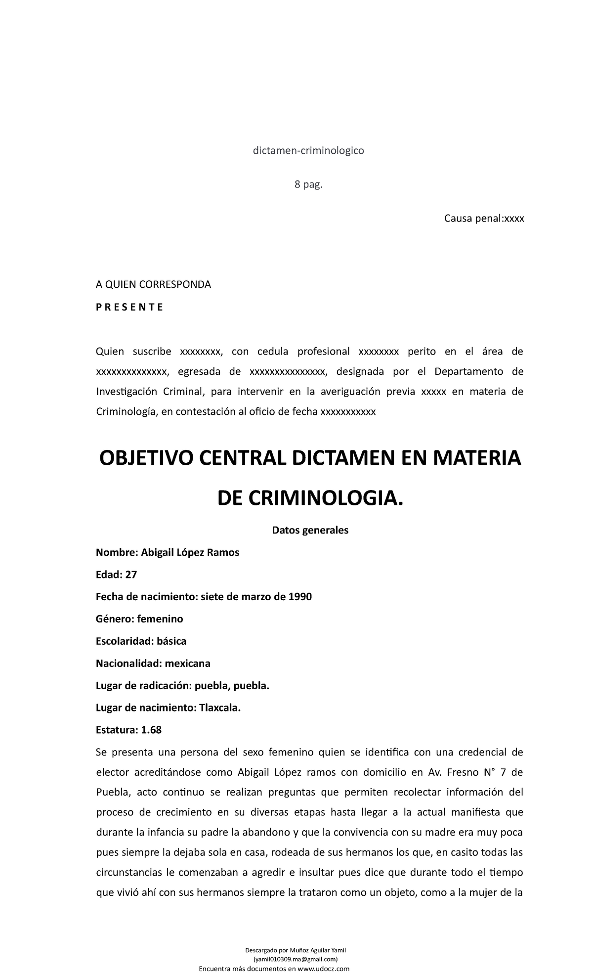 Ejemplo Dictamen - Dictamen-criminologico 8 Pag. Causa Penal:xxxx A ...