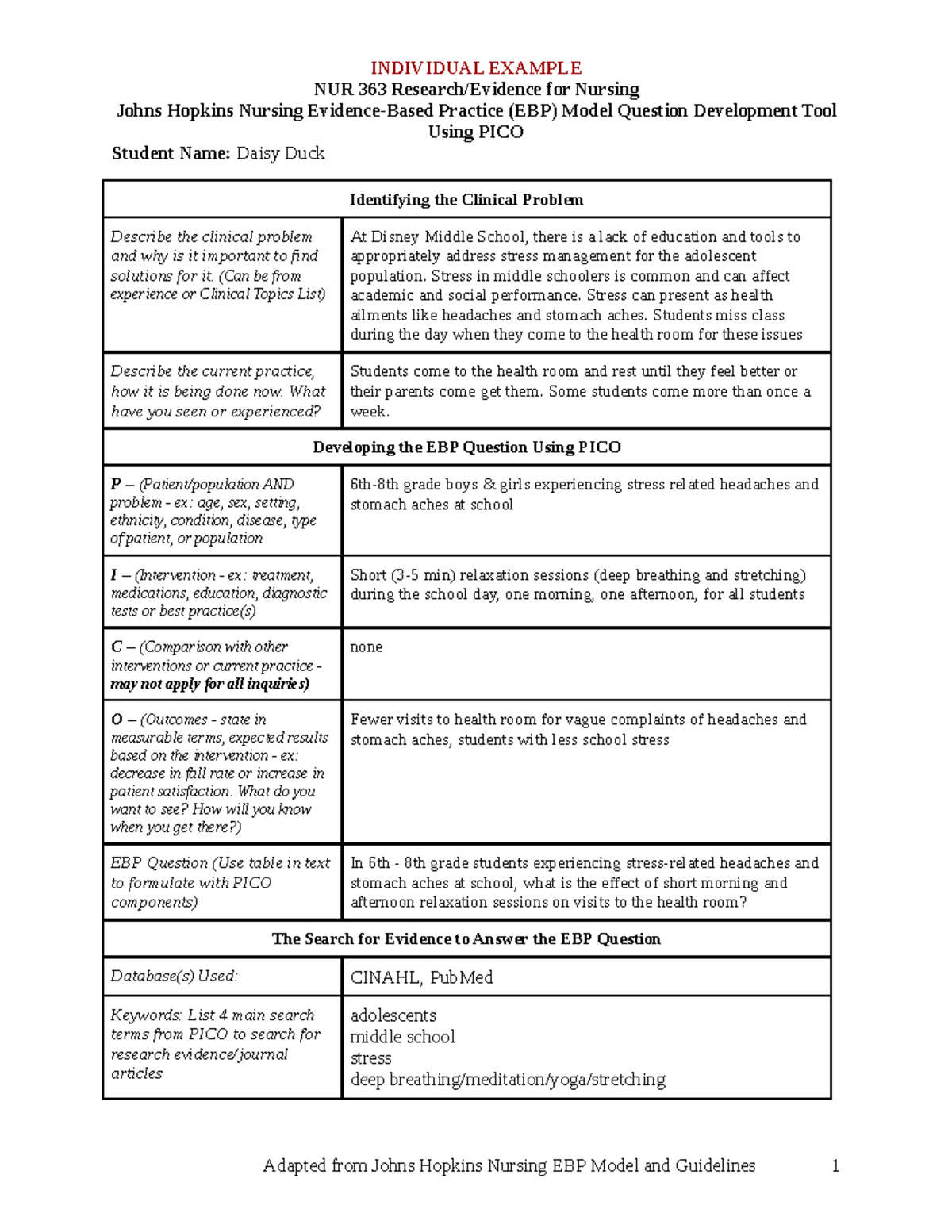 Example Of Individual NUR 363 EBP Question Development Tool Word ...