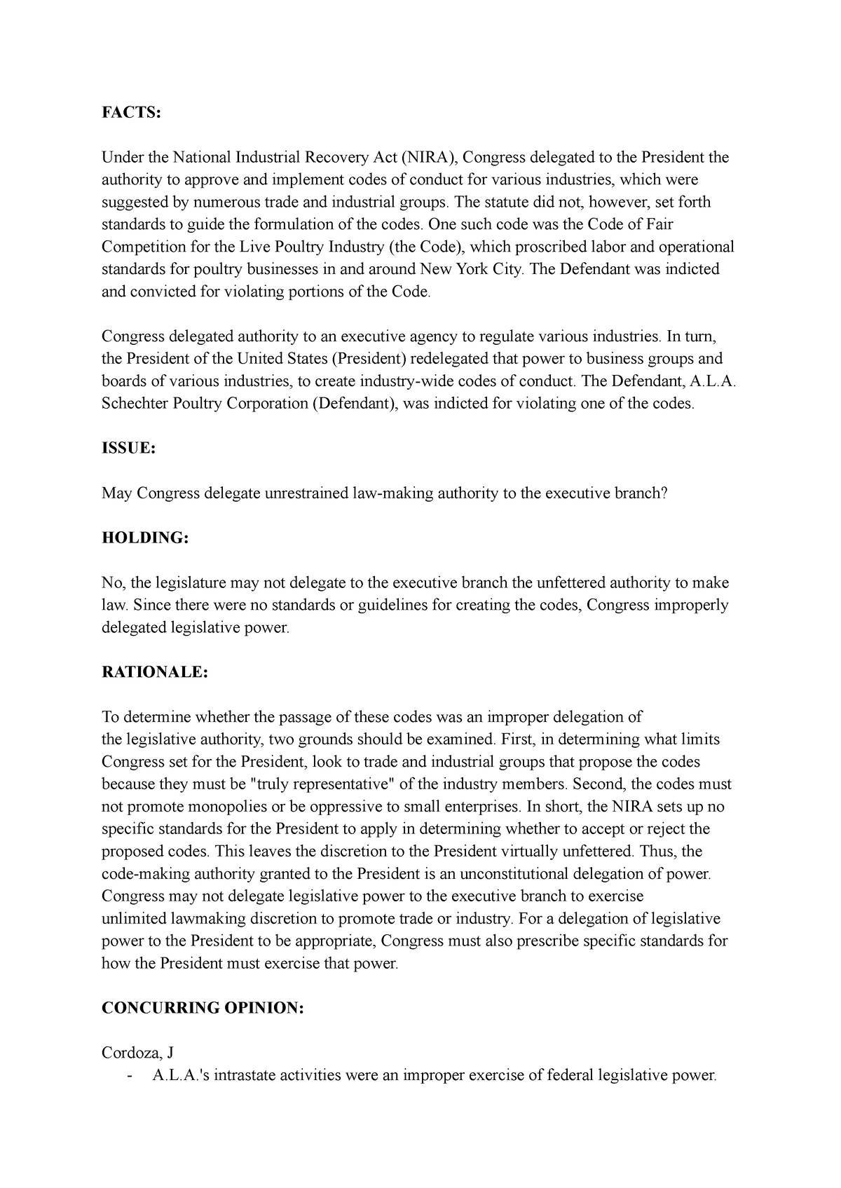 Poultry v US - Case Brief - FACTS: Under the National Industrial ...