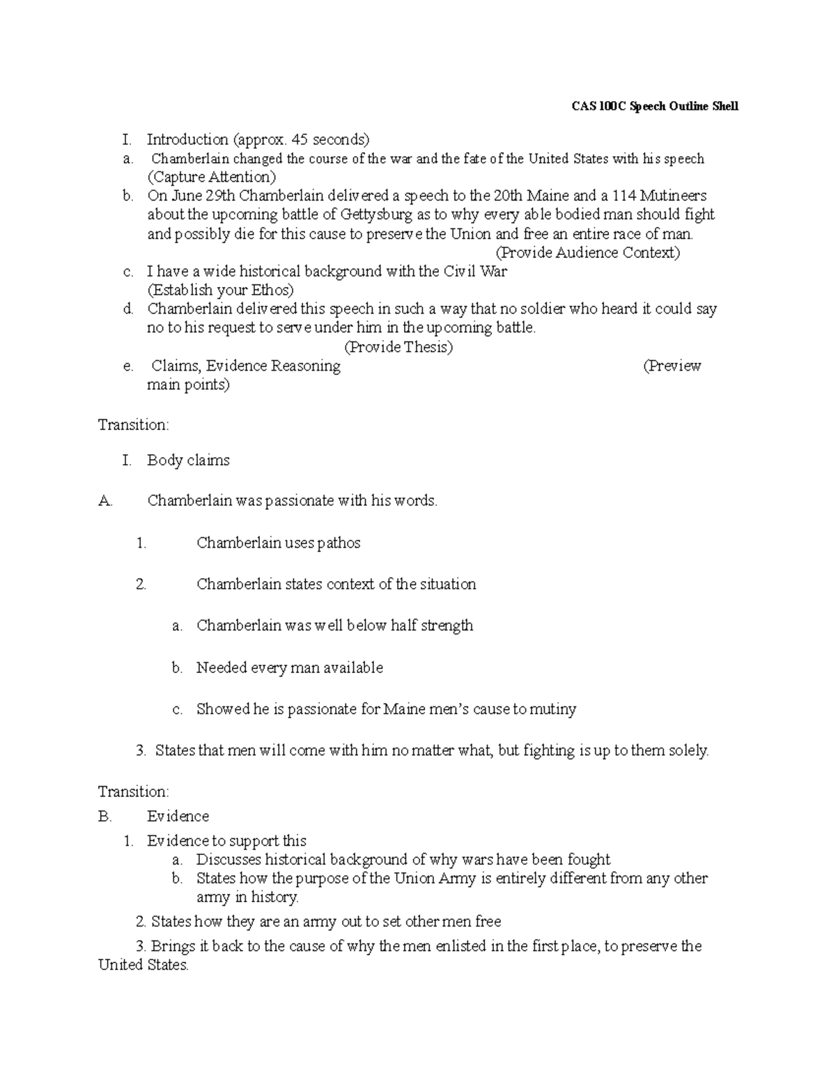 CAS 100 Speech Outline Chamberlain - CAS 100C Speech Outline Shell I ...