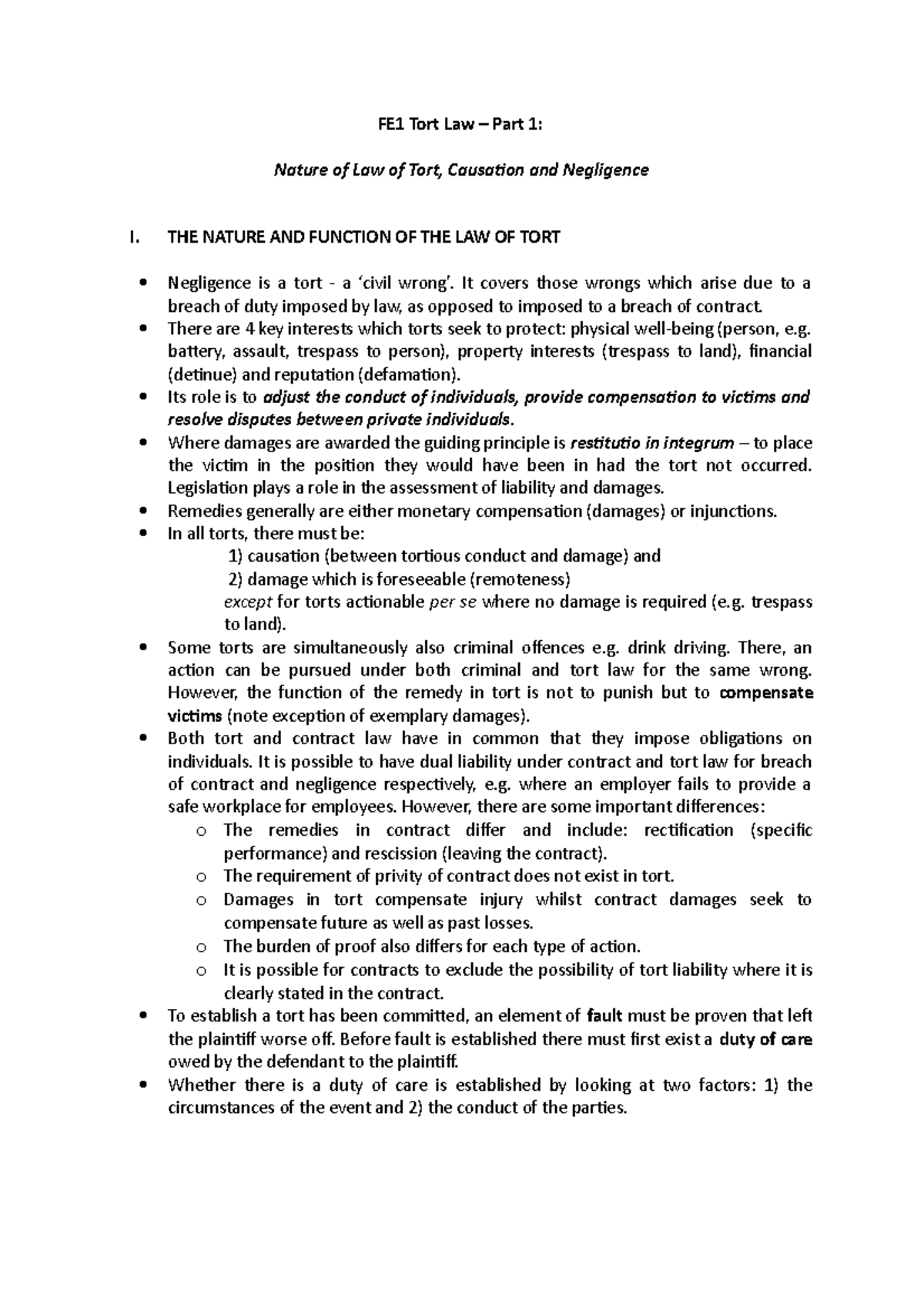 Fe1 tort part 1 the nature of tort negligence fe1 tort law part