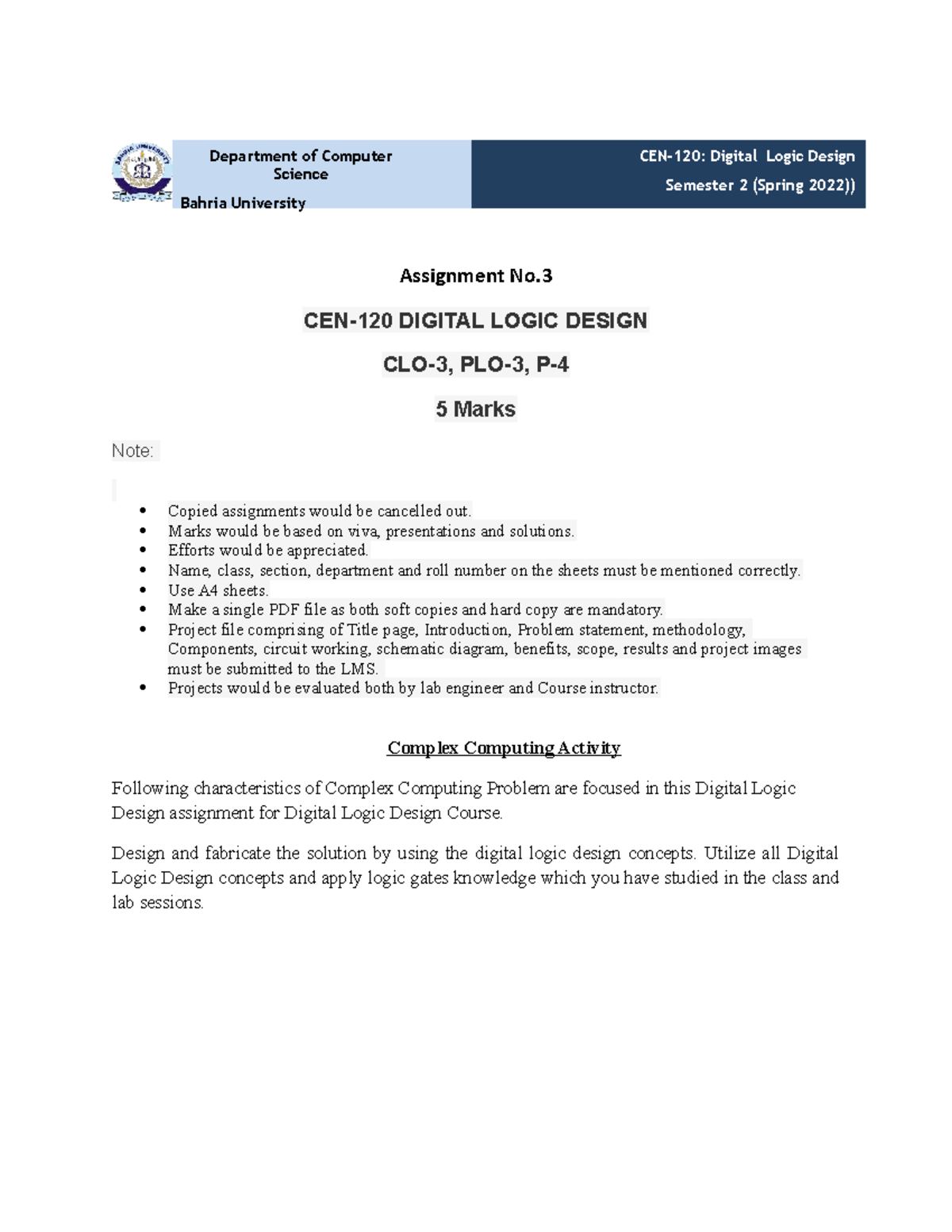 CCA DLD 2007 2022 024050 am - Assignment No. CEN-120 DIGITAL LOGIC ...
