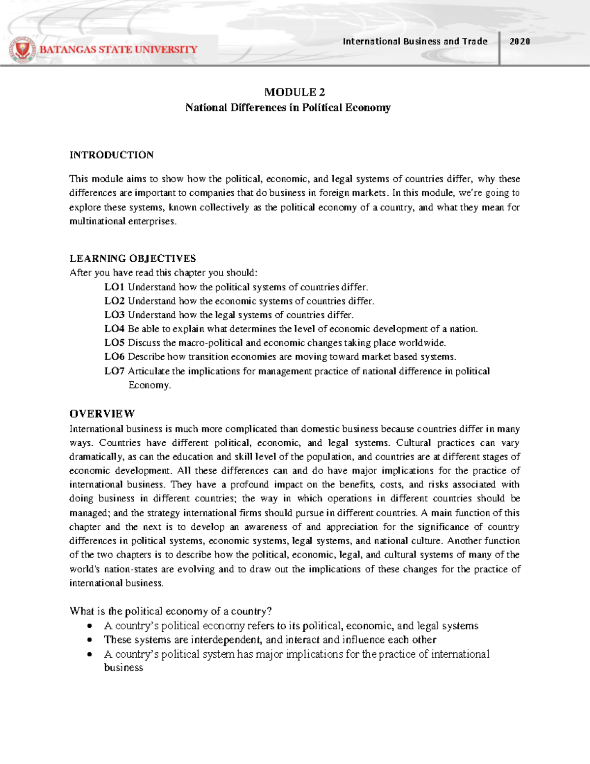 Module 2 - none - MODULE 2 National Differences in Political Economy ...