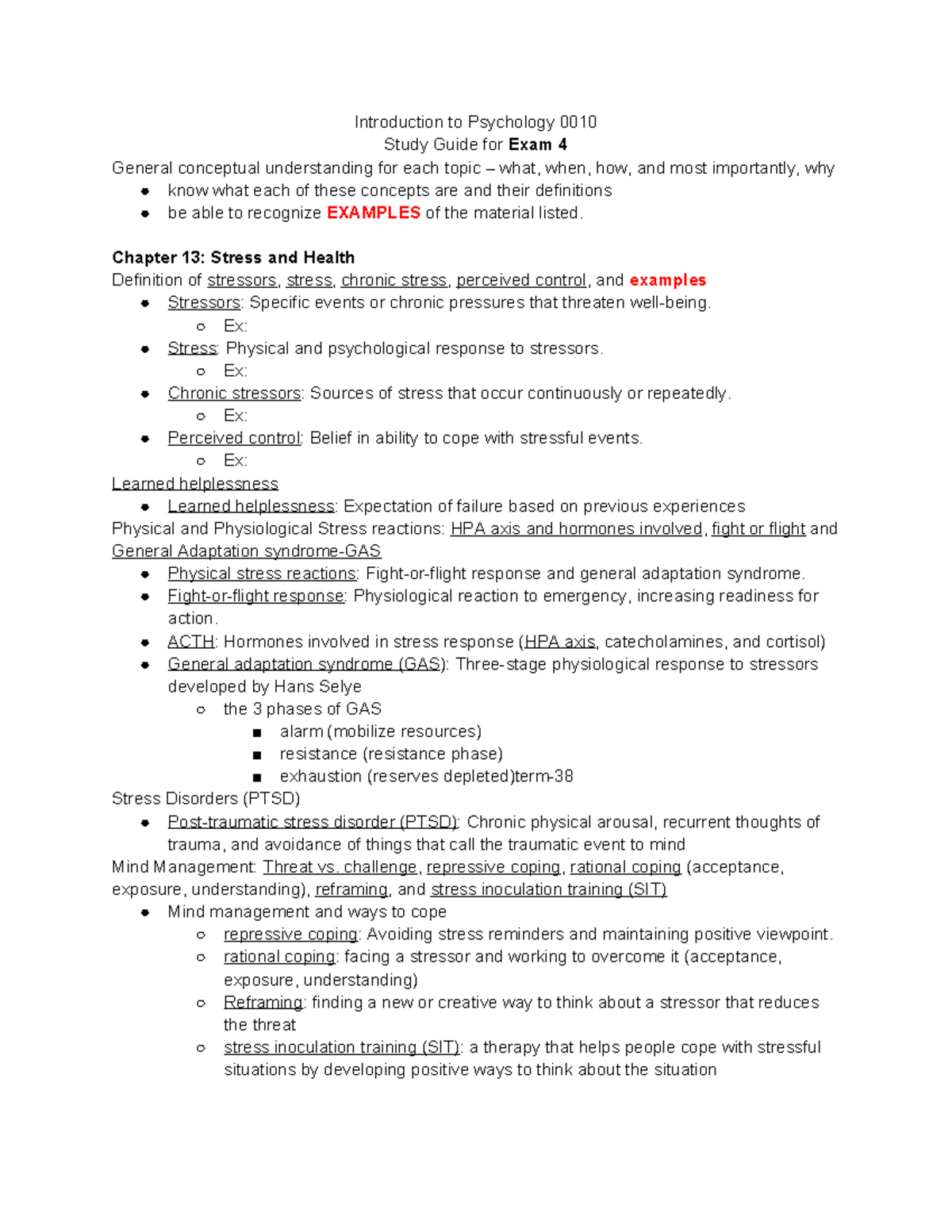 Psych Exam 4 Study Guide W Notes - Introduction to Psychology 0010 ...