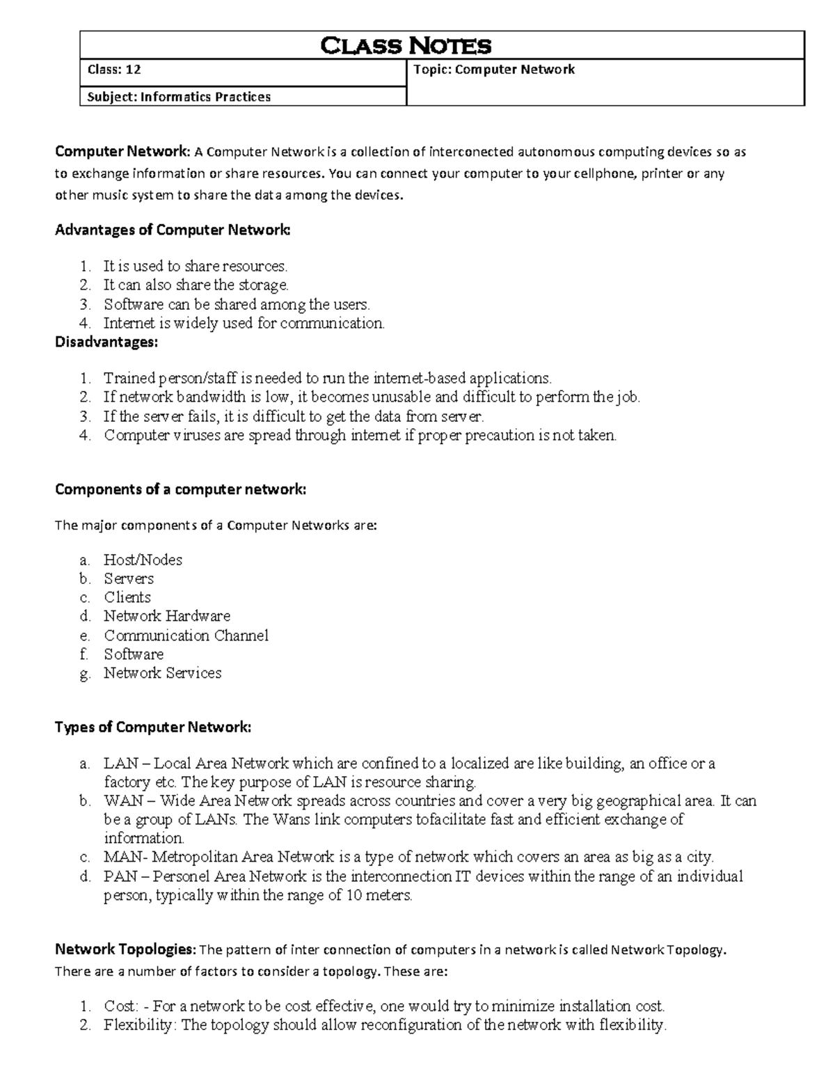 Networking - ee rt - Class Notes Class: 12 Topic: Computer Network ...