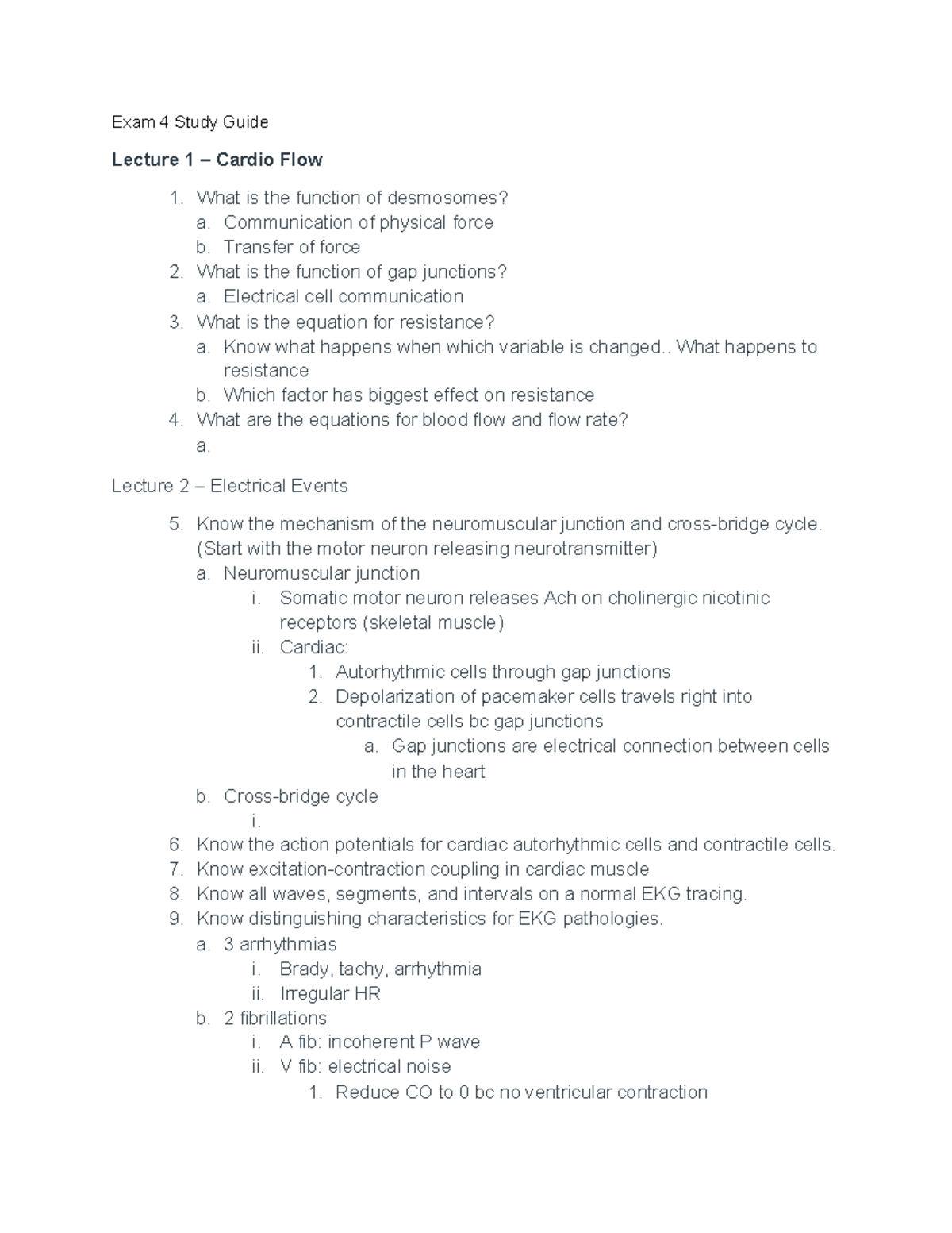 Exam 4 Study Guide - Review - Exam 4 Study Guide Lecture 1 – Cardio ...
