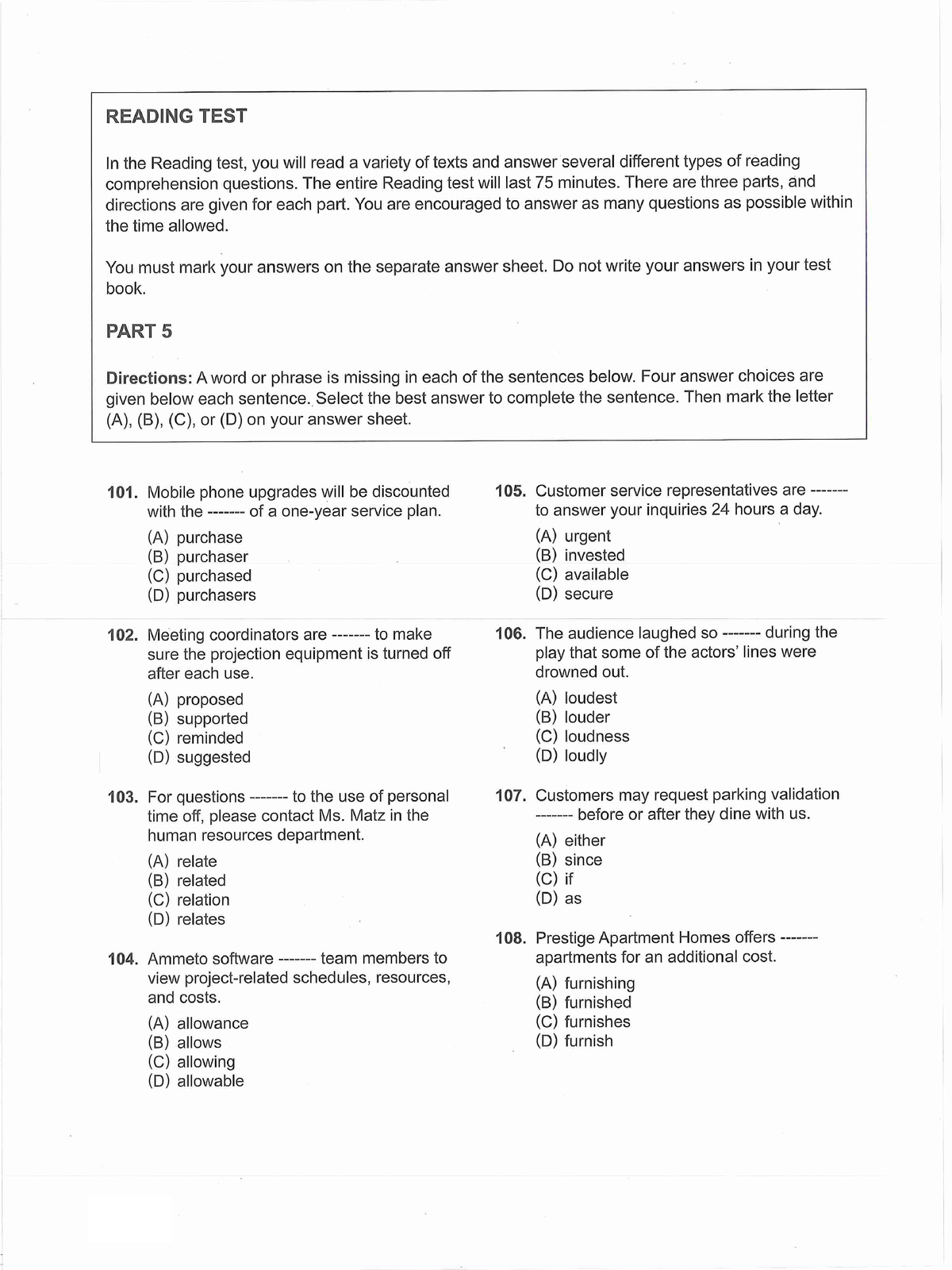 Test 1 - toeic test part 5-6 - Toeic - Studocu