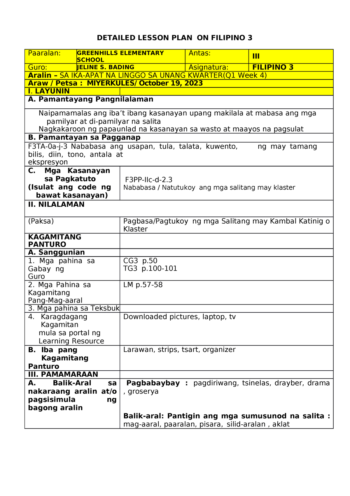 Filipino Kambal Katinig Cot 1 Detailed Lesson Plan On Filipino 3 Paaralan Greenhills 8705