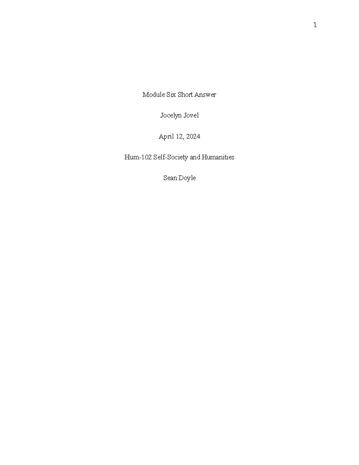 Module 6 HUM 102 - Short answer essay - 1 Module Six Short Answer ...