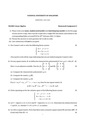 HW1 - Nil - NATIONAL UNIVERSITY OF SINGAPORE SEMESTER 2, 2021/ MA2001 ...