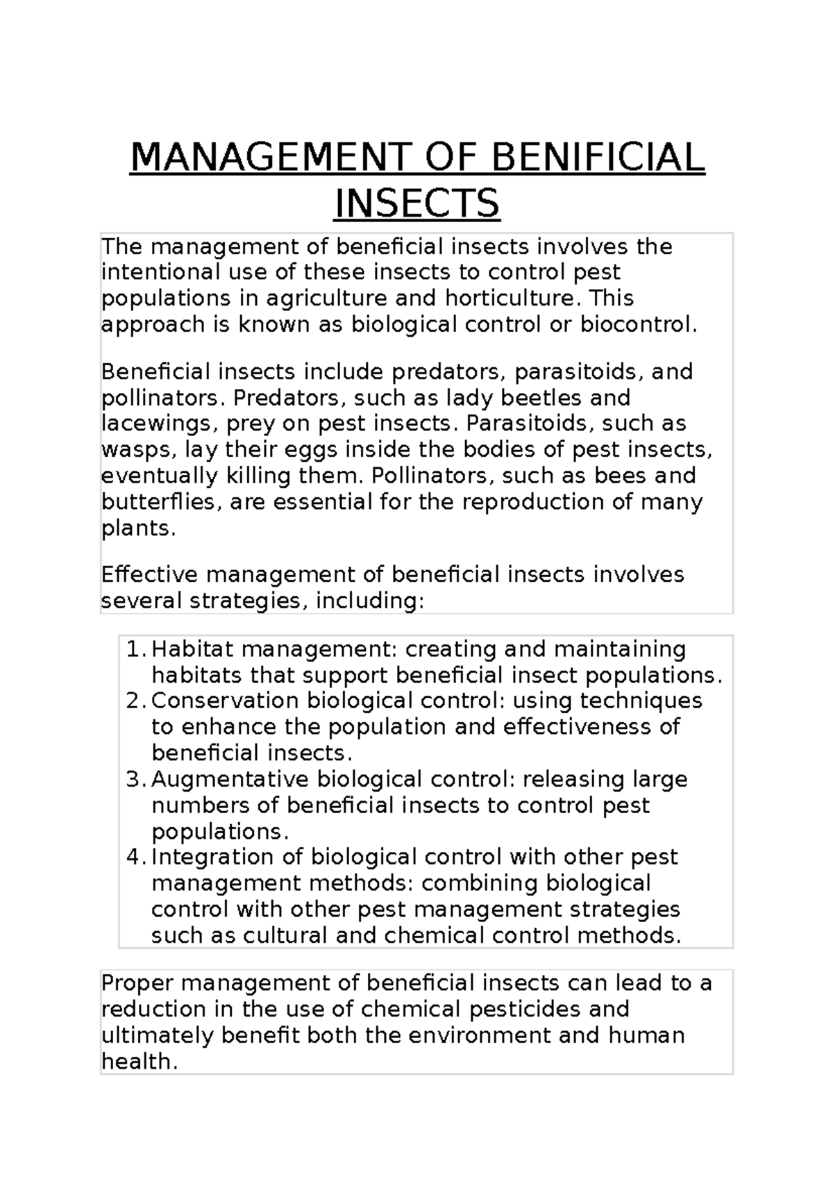 Management OF Benificial Insects MANAGEMENT OF BENIFICIAL INSECTS The