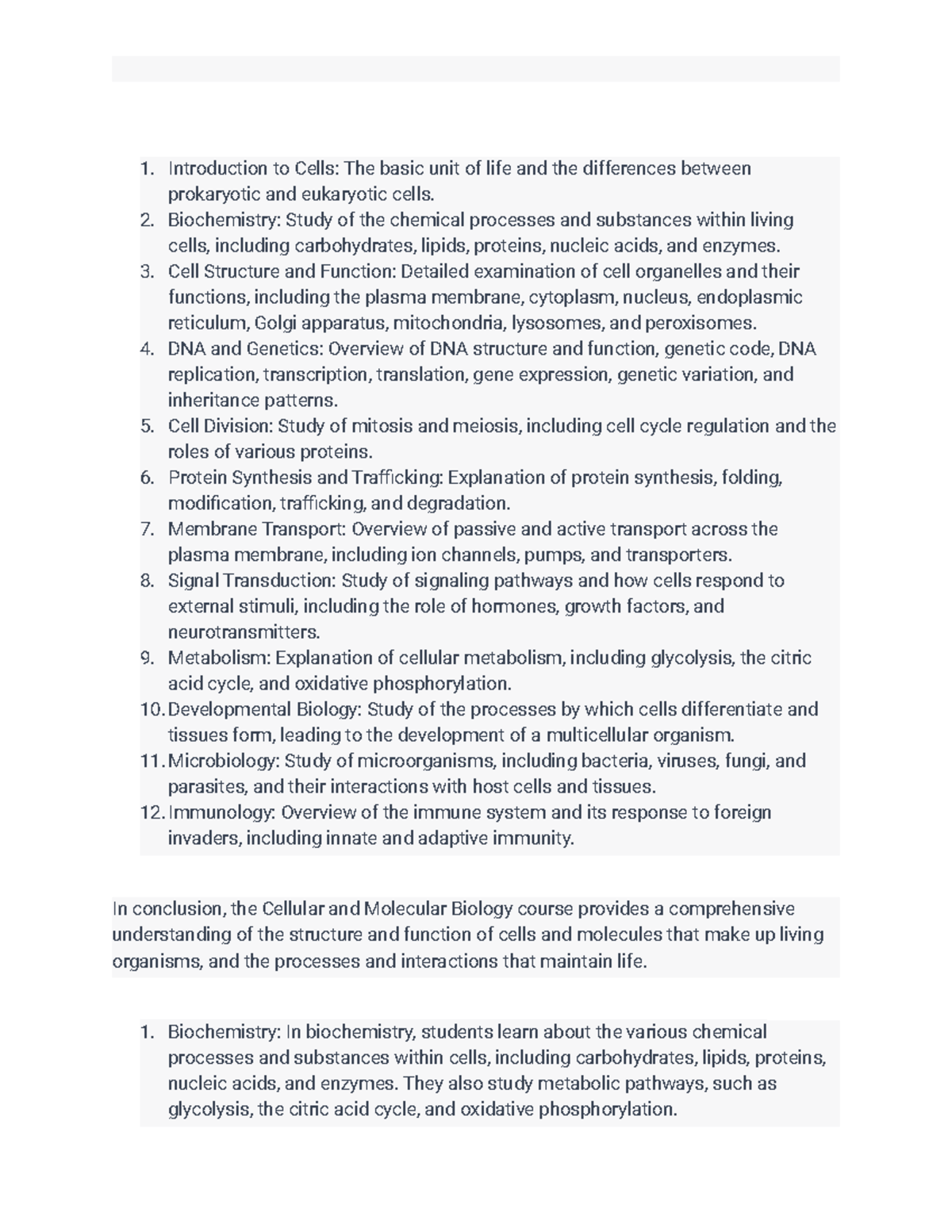 Cellular and Molecular Biology Overview Introduction to Cells The