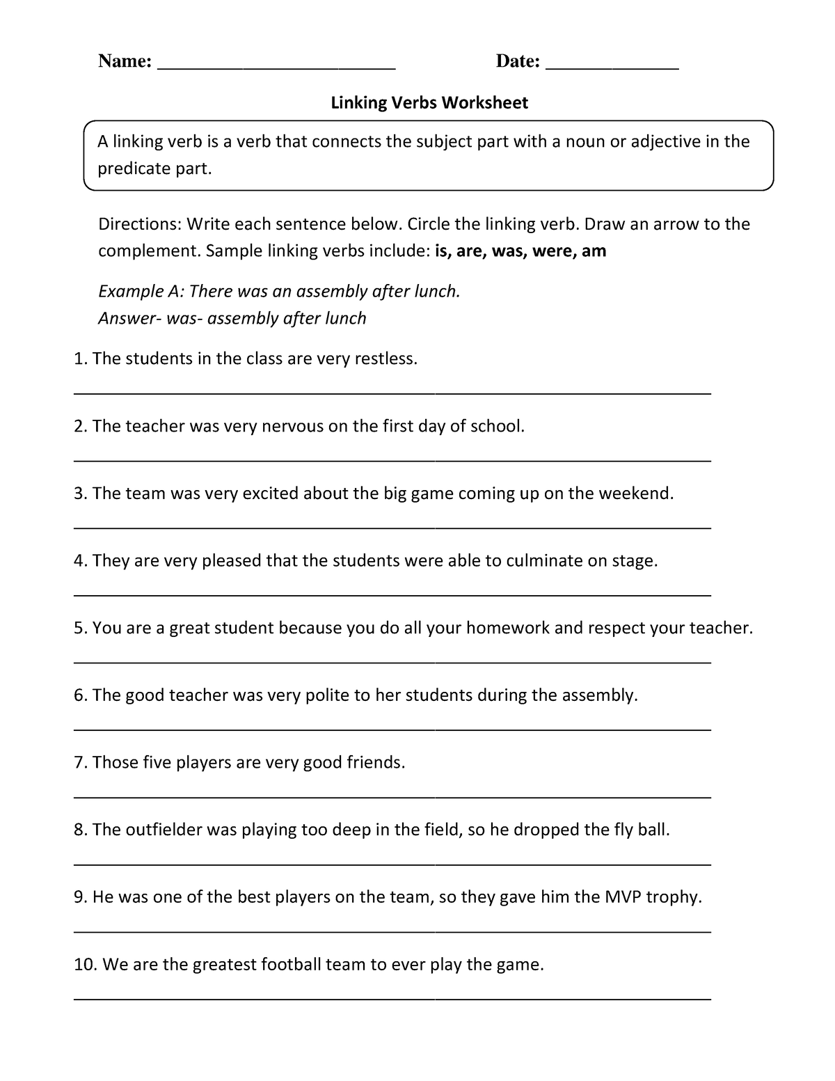 Linking Verbs Worksheet Intermediate - Name ...