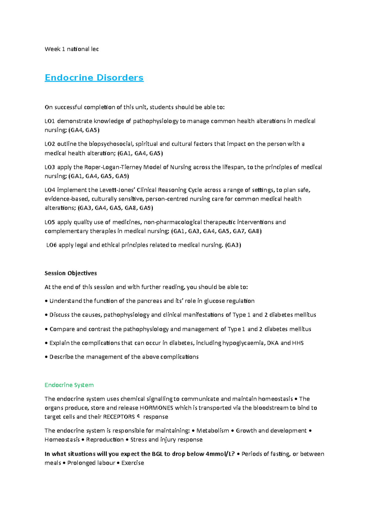 Week 1 - Lecture notes WEEK 1 endocrine system - Week 1 national lec ...
