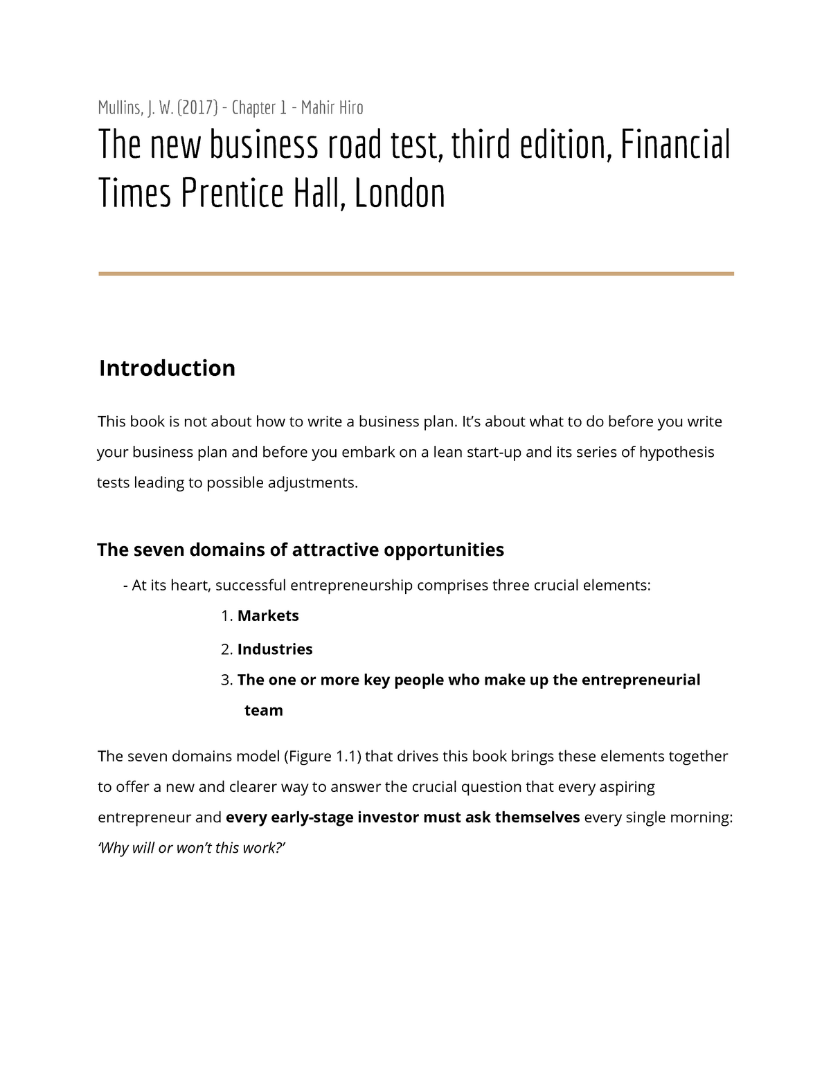 The new business road test summary - Mullins, J. W. (2017