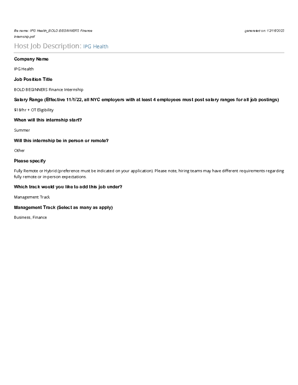 IPG Health BOLD Beginners Finance Internship Host Job Description