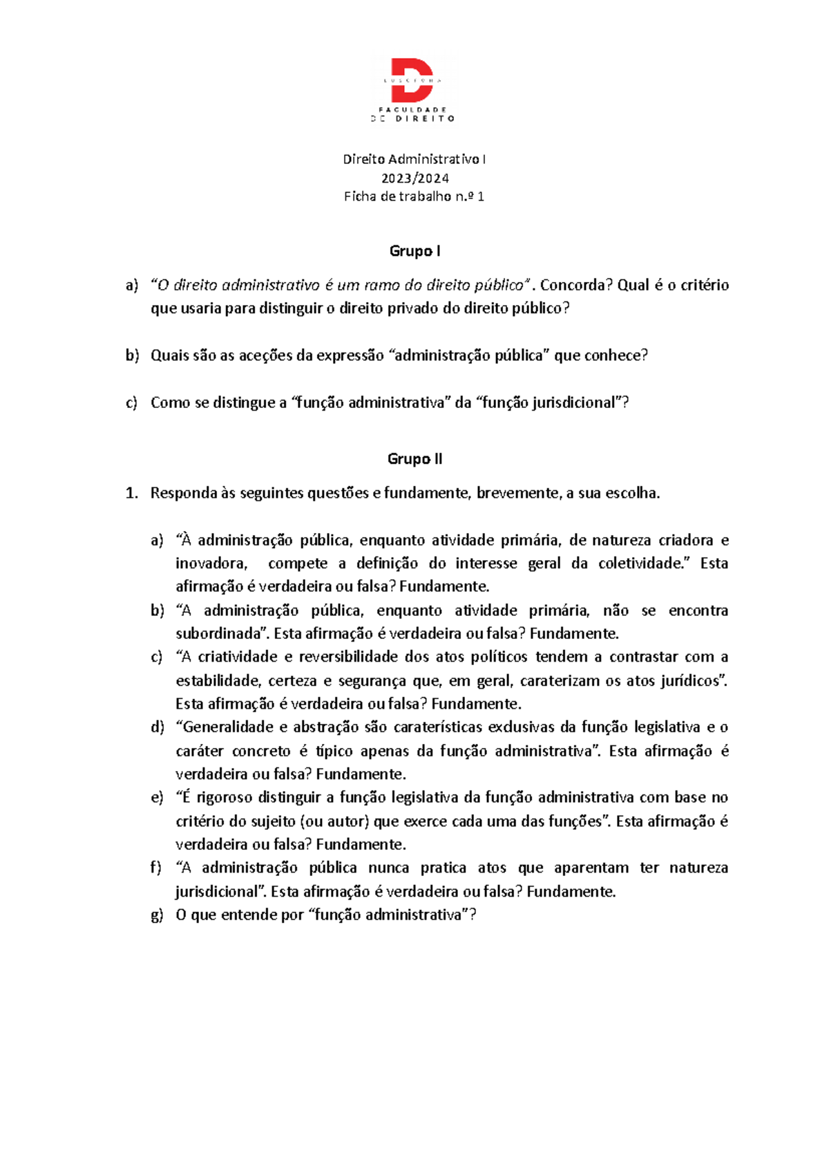 Ficha De Trabalho 1 De Ad I Direito Administrativo I 2023 Ficha De