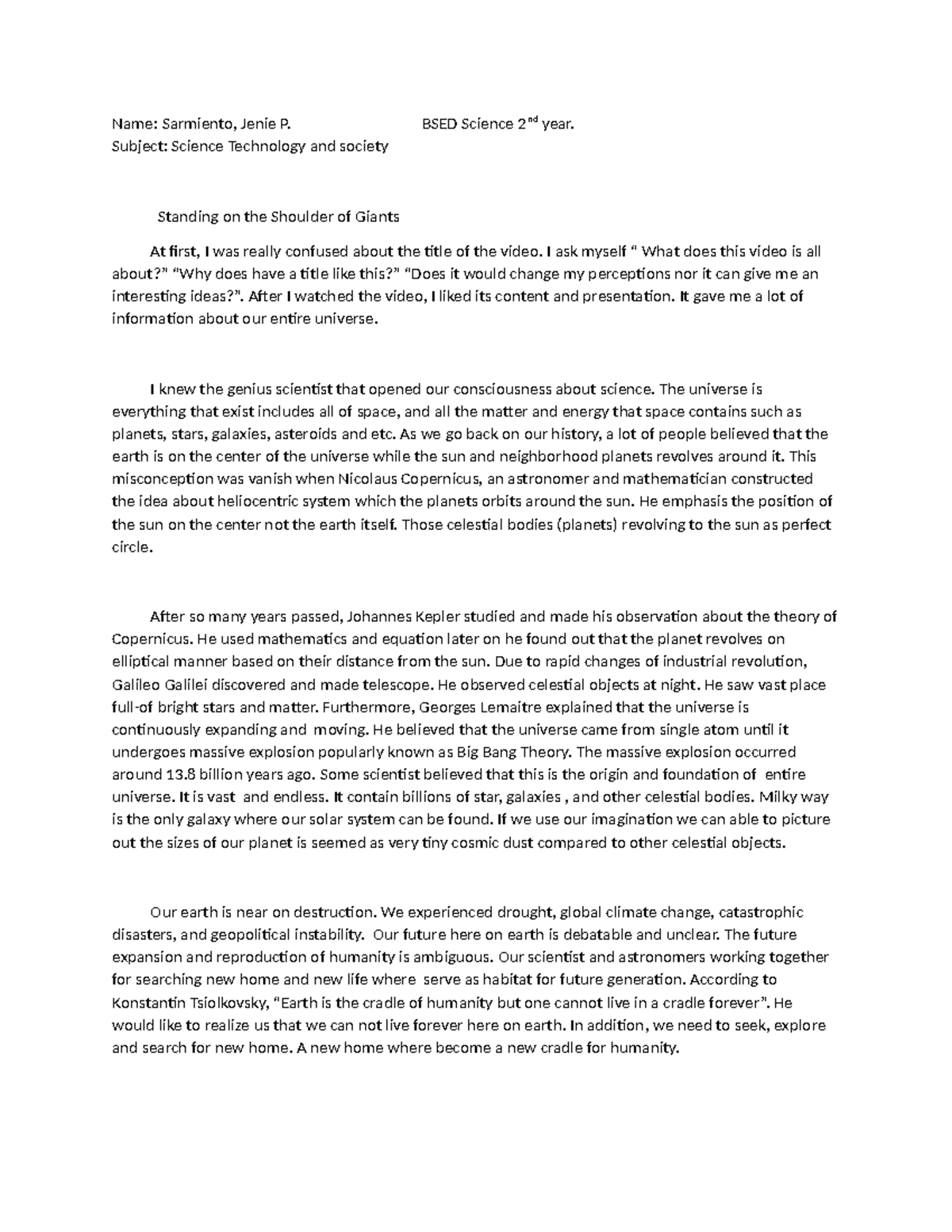 standing on the shoulder of giants - Name: Sarmiento, Jenie P. BSED ...