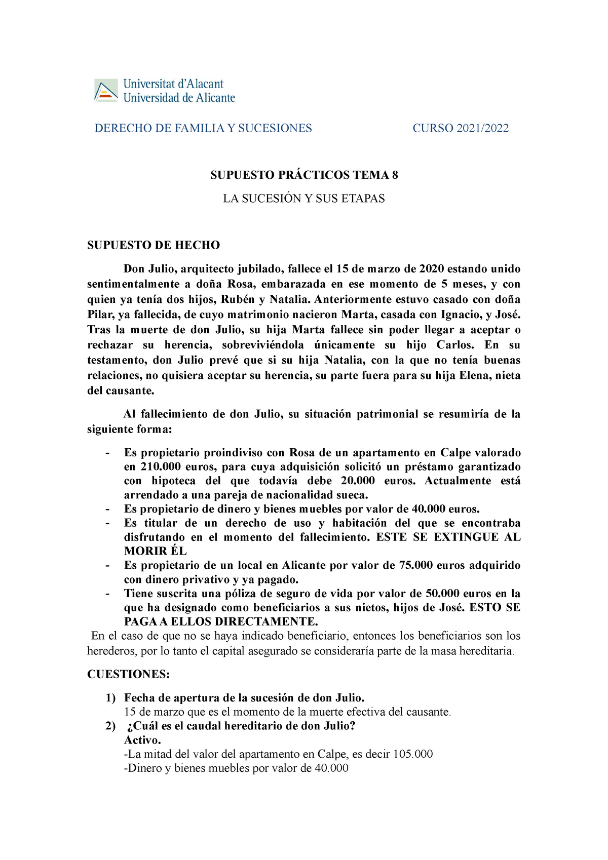 Caso Práctico Tema 8 Derecho De Familia Y Sucesiones Curso 2021 Supuesto PrÁcticos Tema 8 La 7401