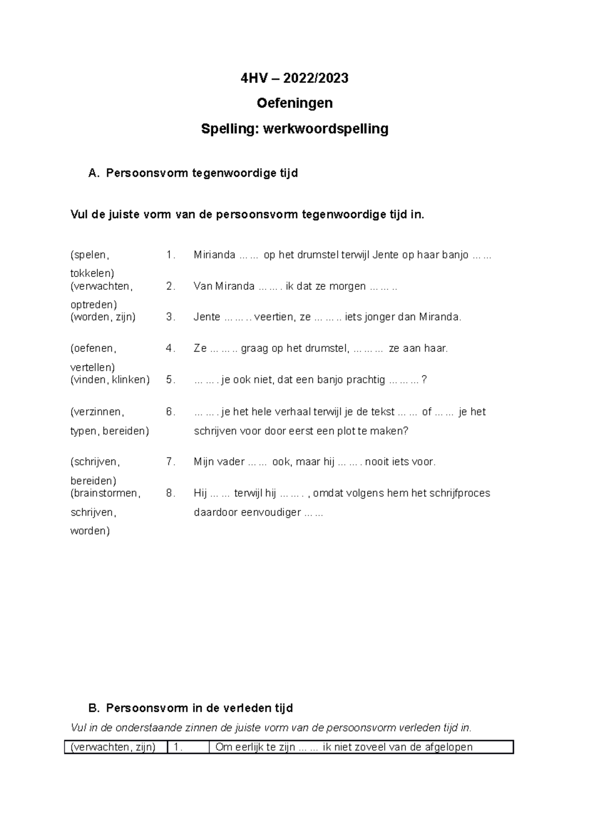 4HV - Oefening Werkwoordspelling - 4HV – 2022/ Oefeningen Spelling ...